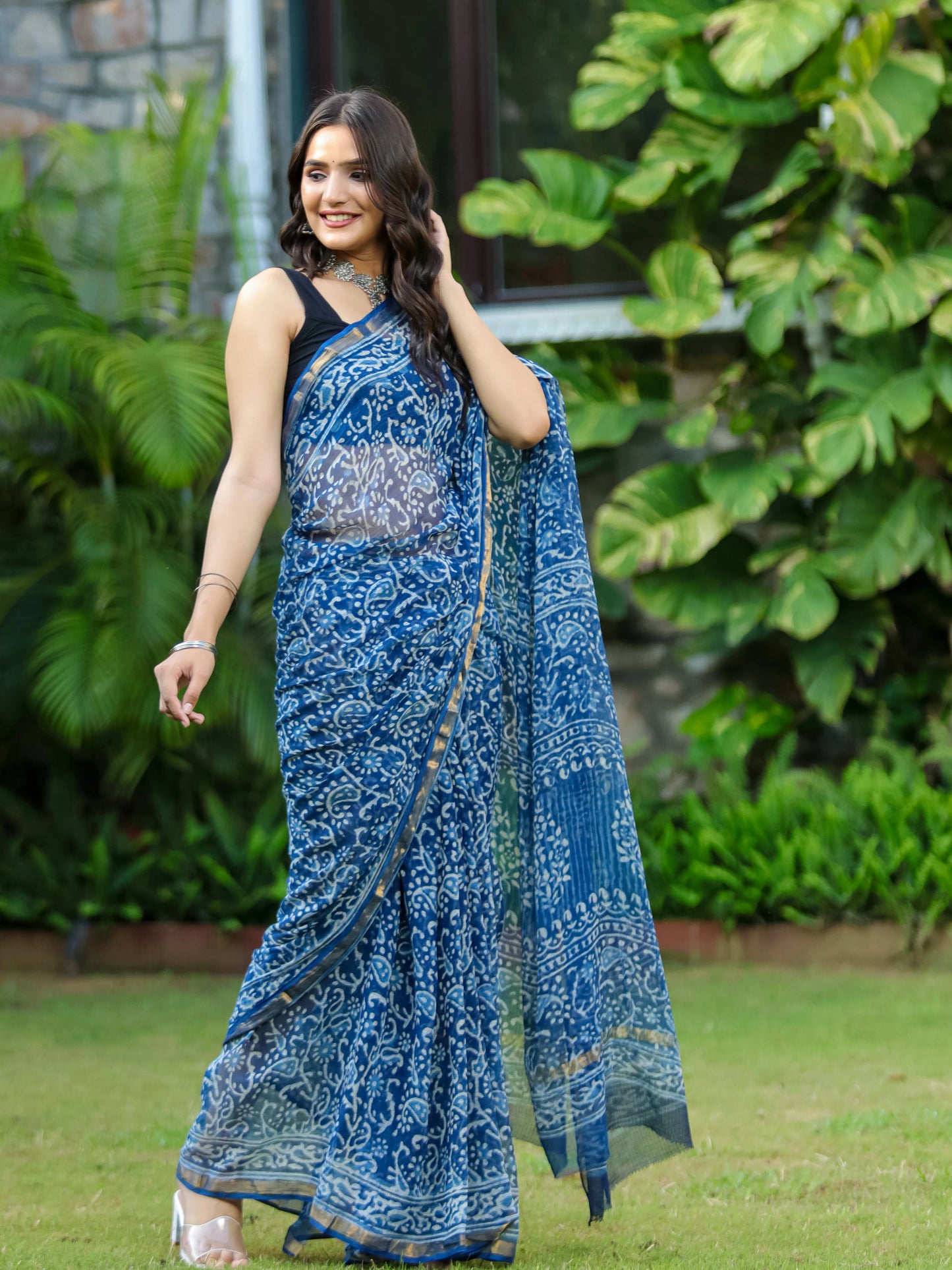 Indigo Kairi Block Printed Pure Kota Doria Saree