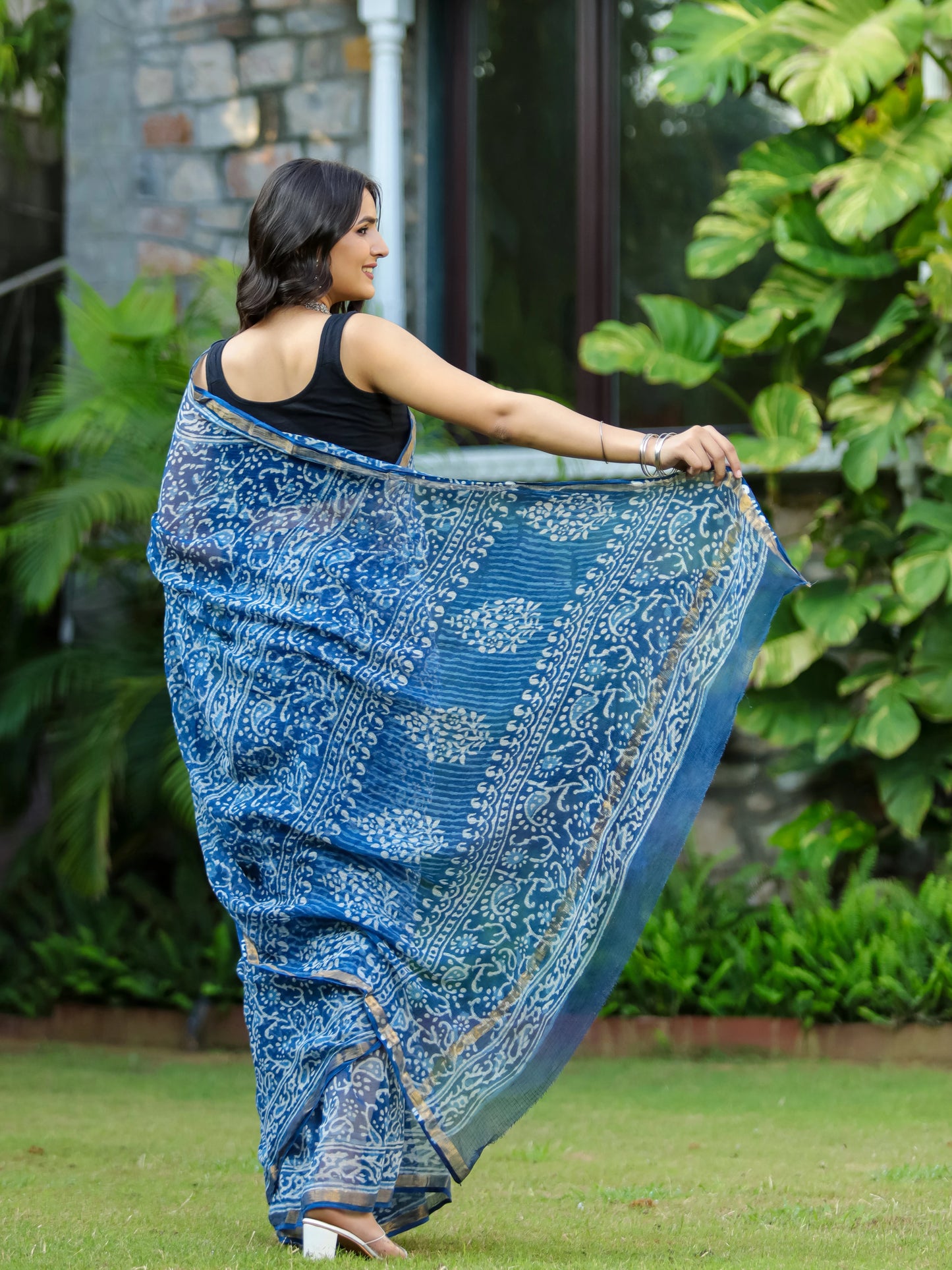 Indigo Kairi Block Printed Pure Kota Doria Saree