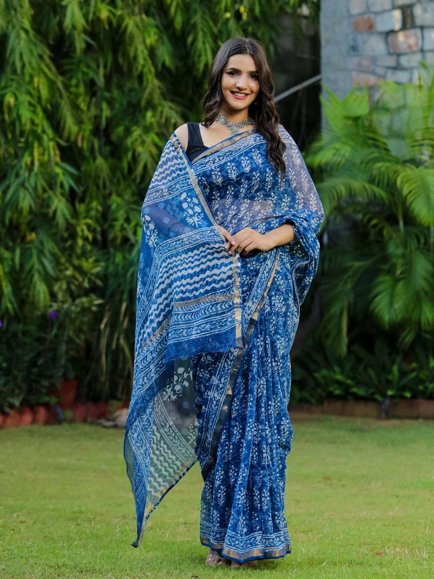 Indigo Bootie Block Printed Pure Kota Doria Saree