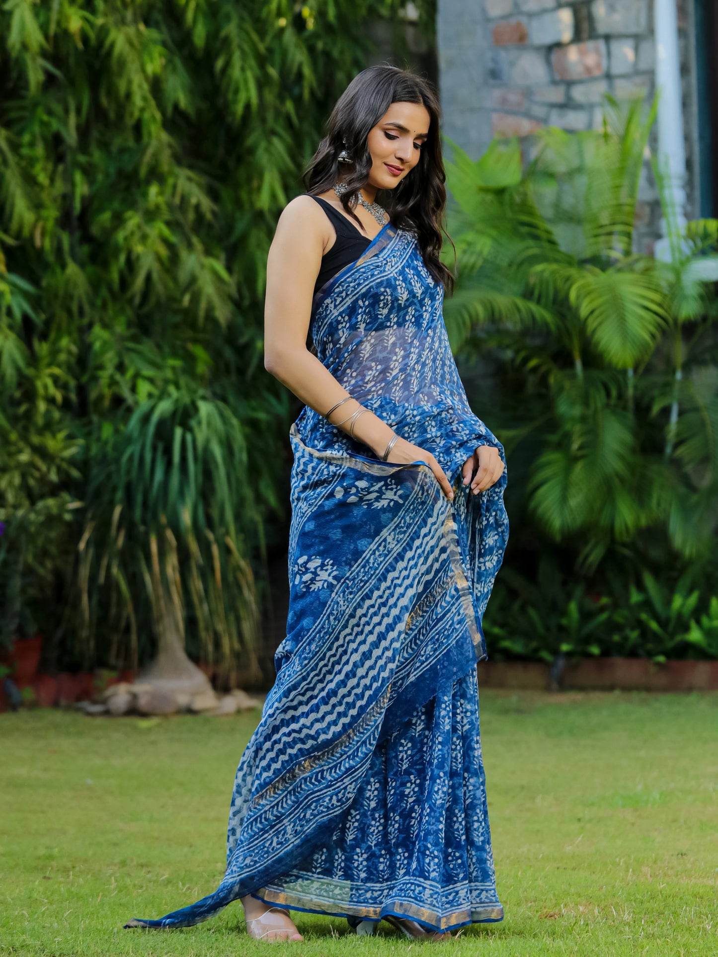 Indigo Bootie Block Printed Pure Kota Doria Saree