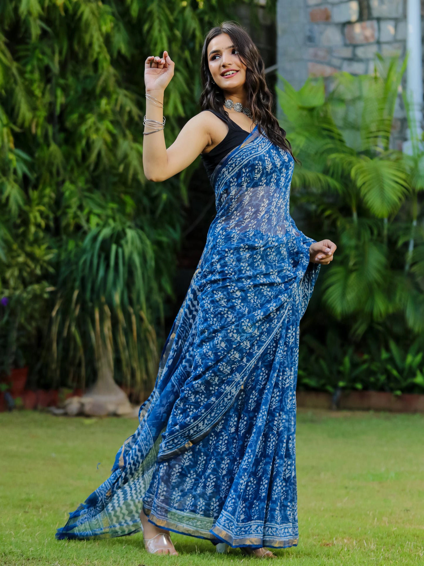 Indigo Bootie Block Printed Pure Kota Doria Saree