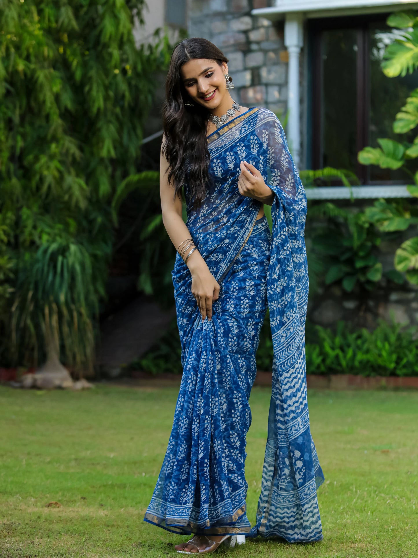 Indigo Bootie Block Printed Pure Kota Doria Saree