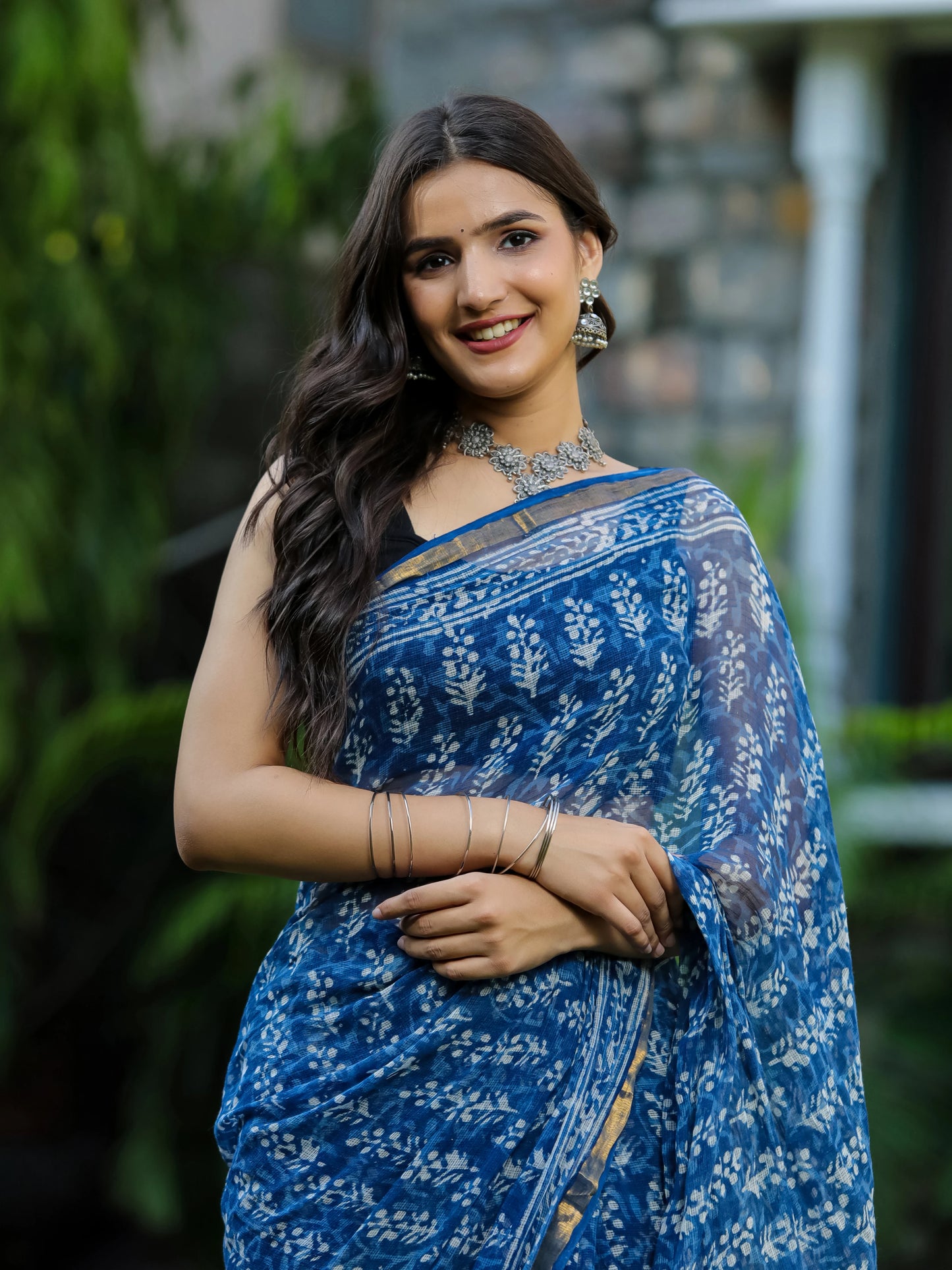 Indigo Bootie Block Printed Pure Kota Doria Saree