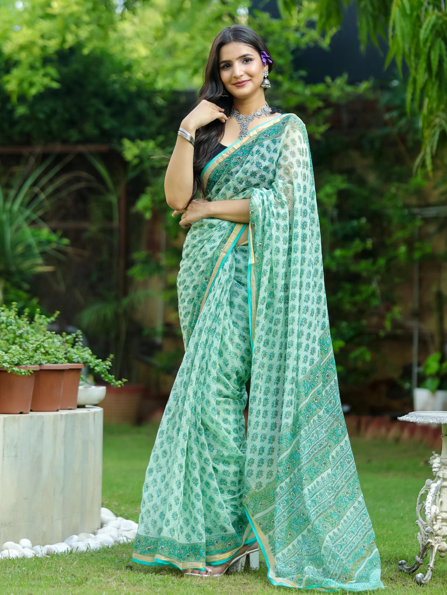 Green Bootie Printed Pure Hand Block printed Kota Doria saree