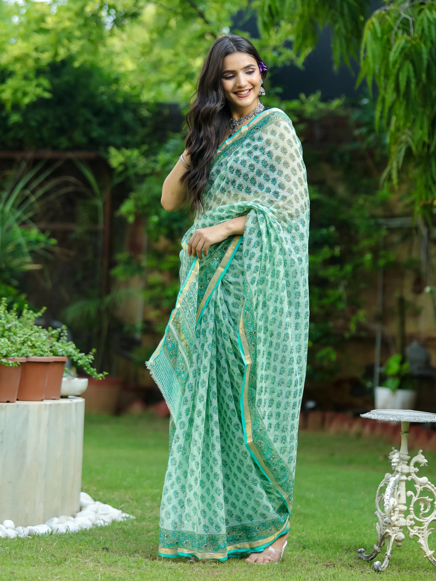 Green Bootie Printed Pure Hand Block printed Kota Doria saree