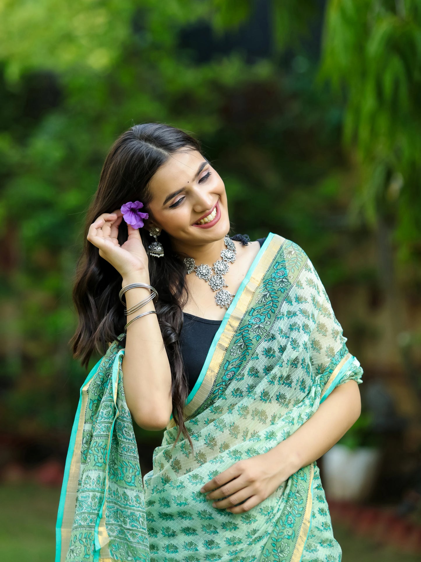 Green Bootie Printed Pure Hand Block printed Kota Doria saree