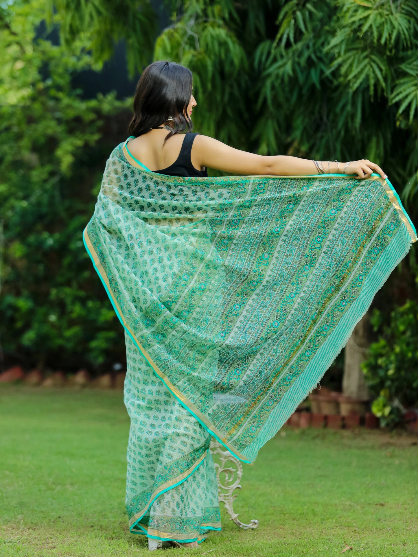 Green Bootie Printed Pure Hand Block printed Kota Doria saree