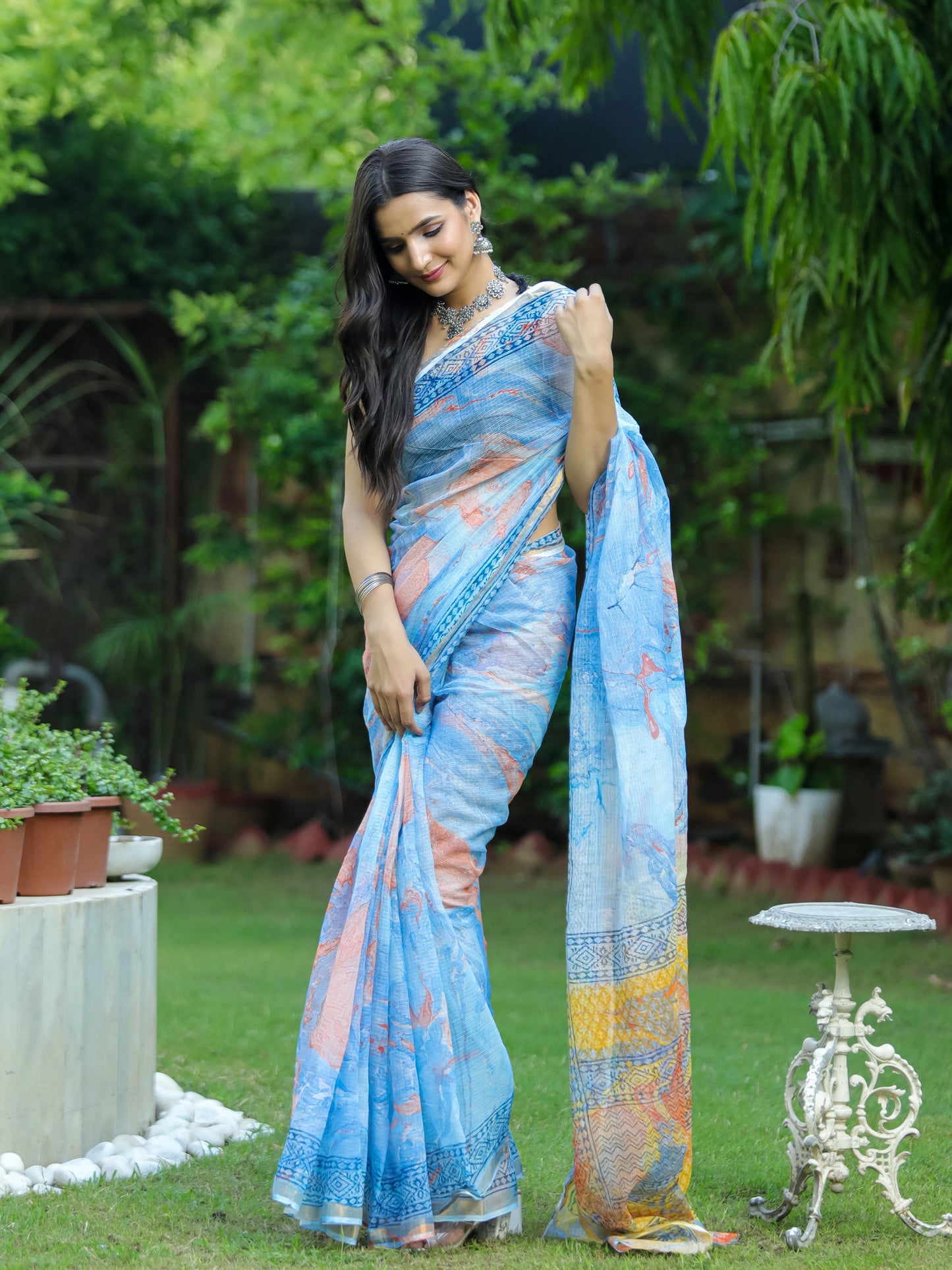 Blue Orange Marble Pure Kota doria saree