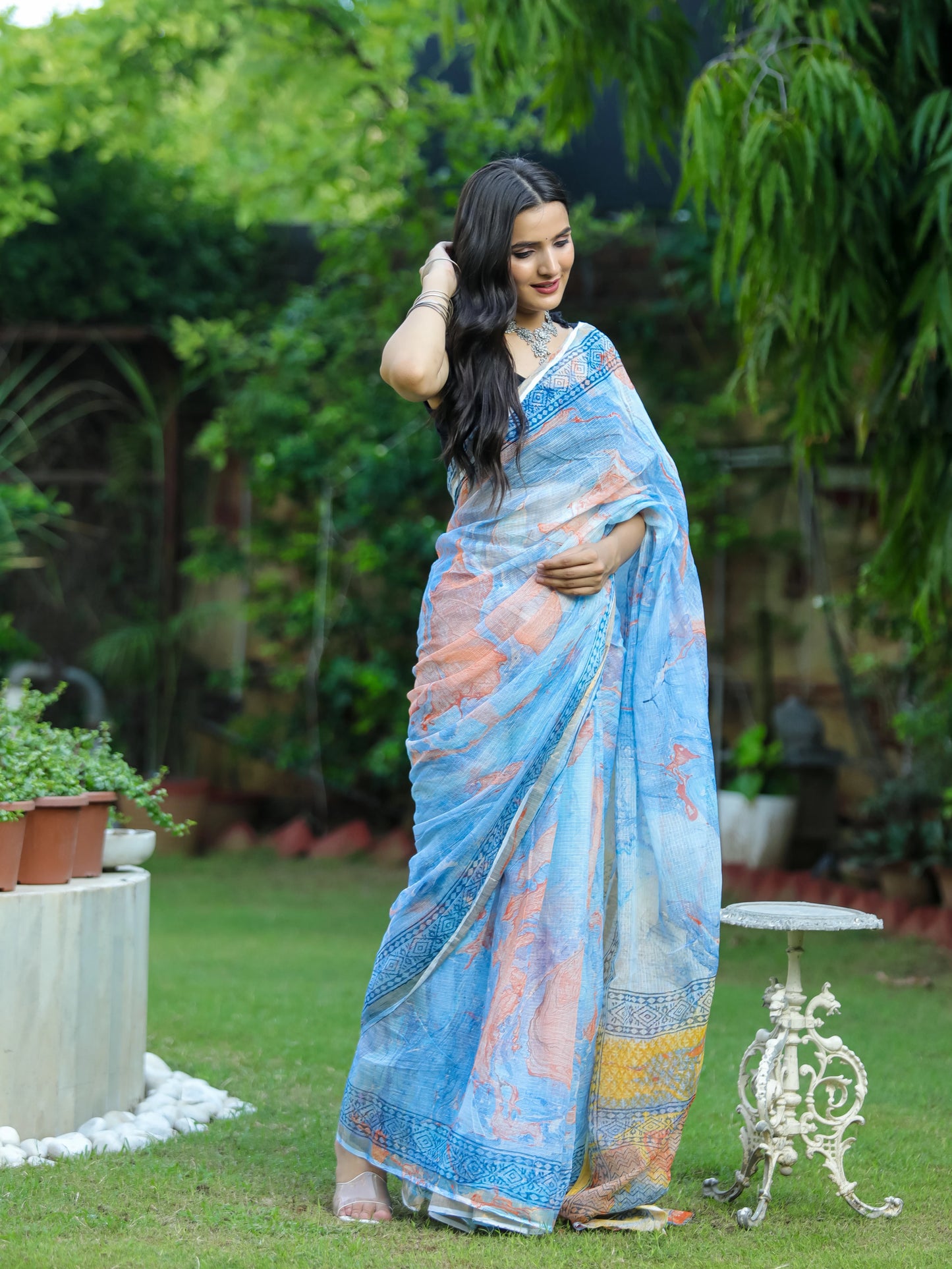 Blue Orange Marble Pure Kota doria saree