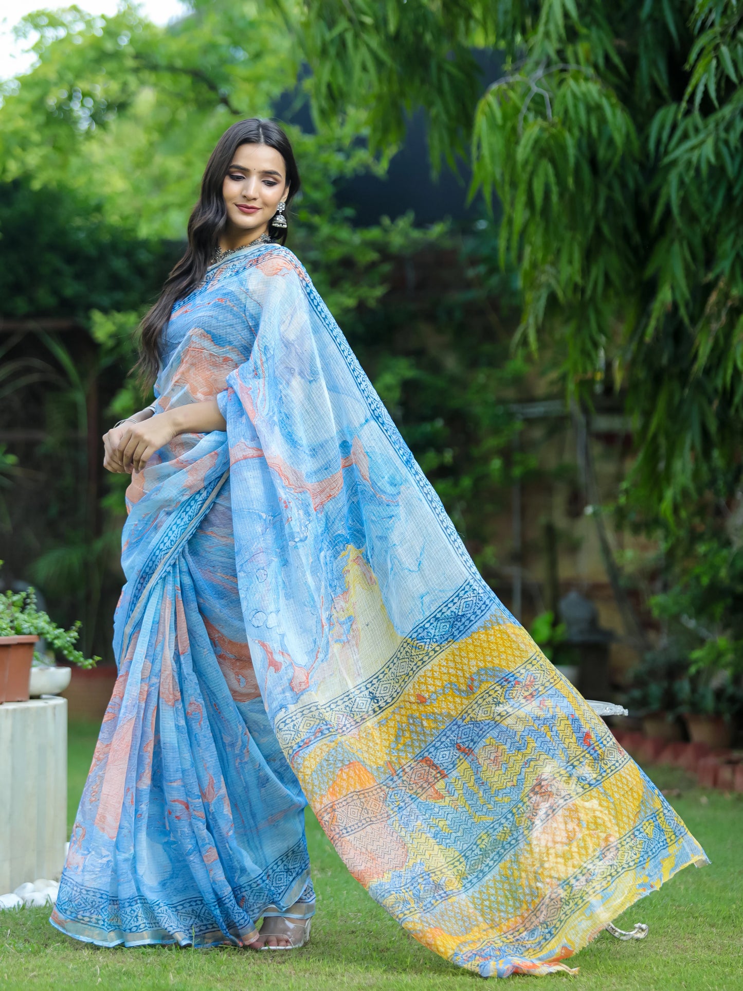 Blue Orange Marble Pure Kota doria saree