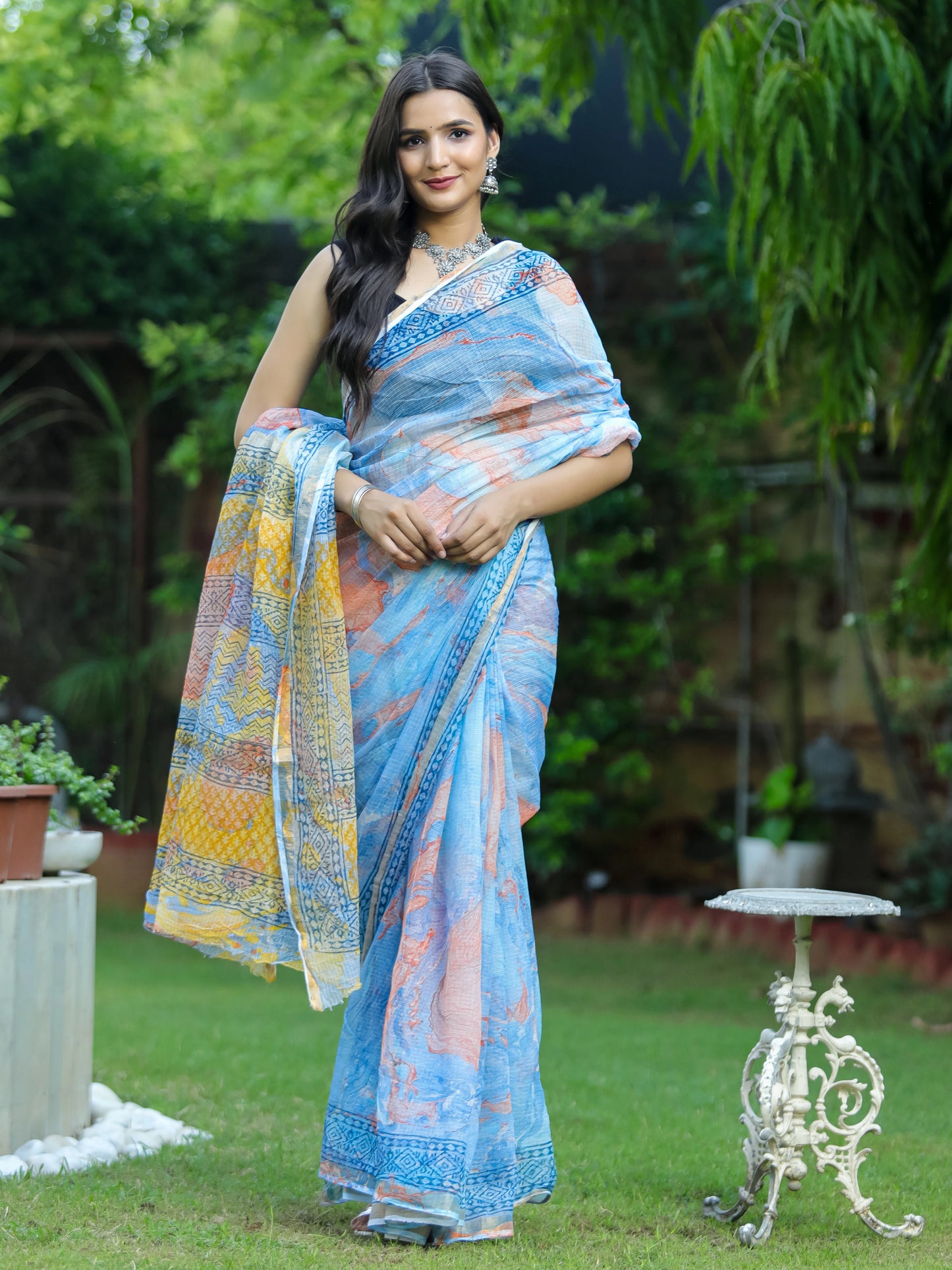 Blue Orange Marble Pure Kota doria saree