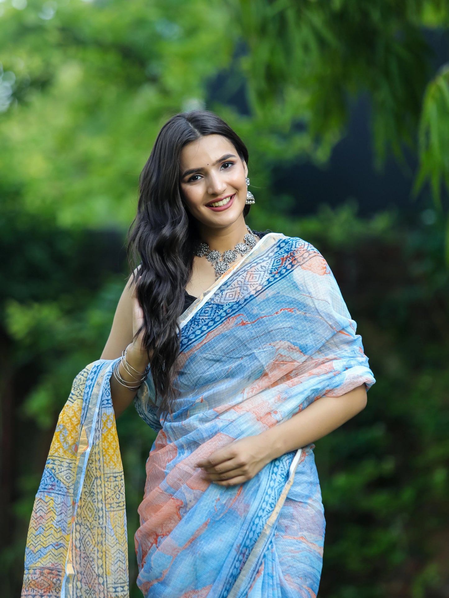 Blue Orange Marble Pure Kota doria saree