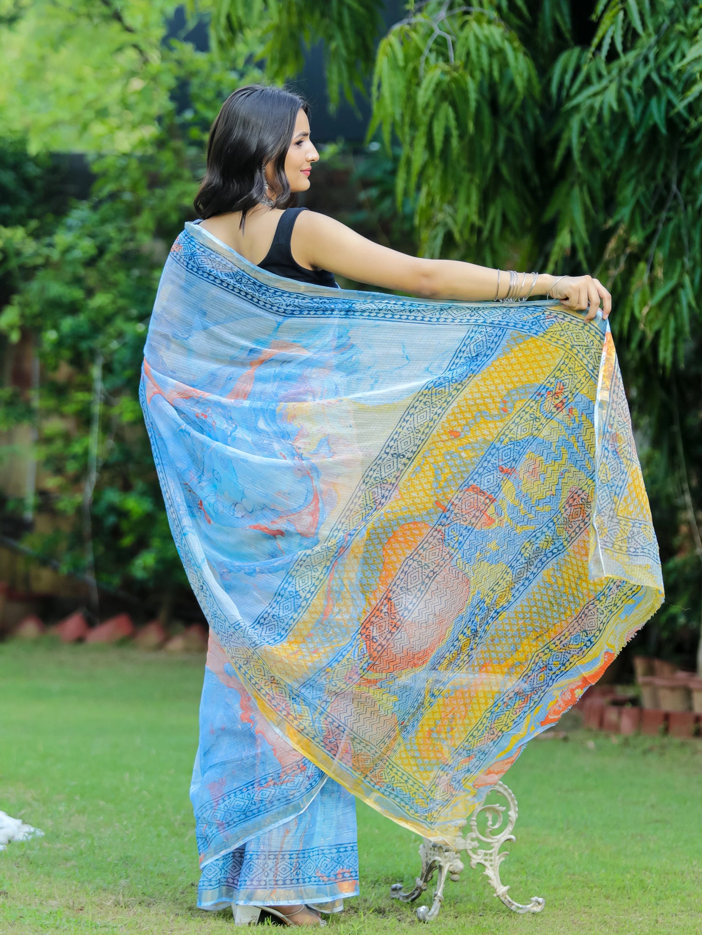 Blue Orange Marble Pure Kota doria saree