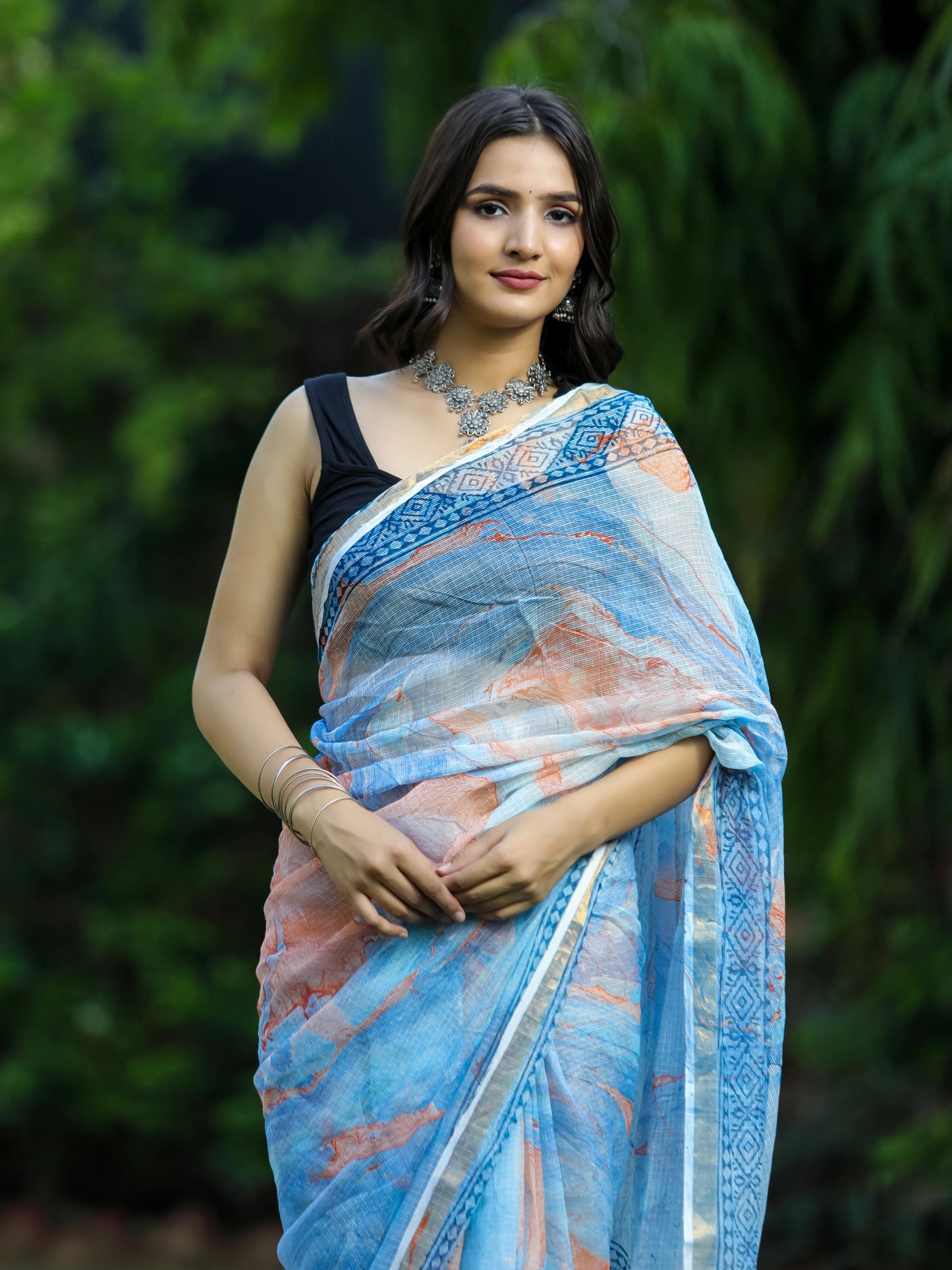 Blue Orange Marble Pure Kota doria saree