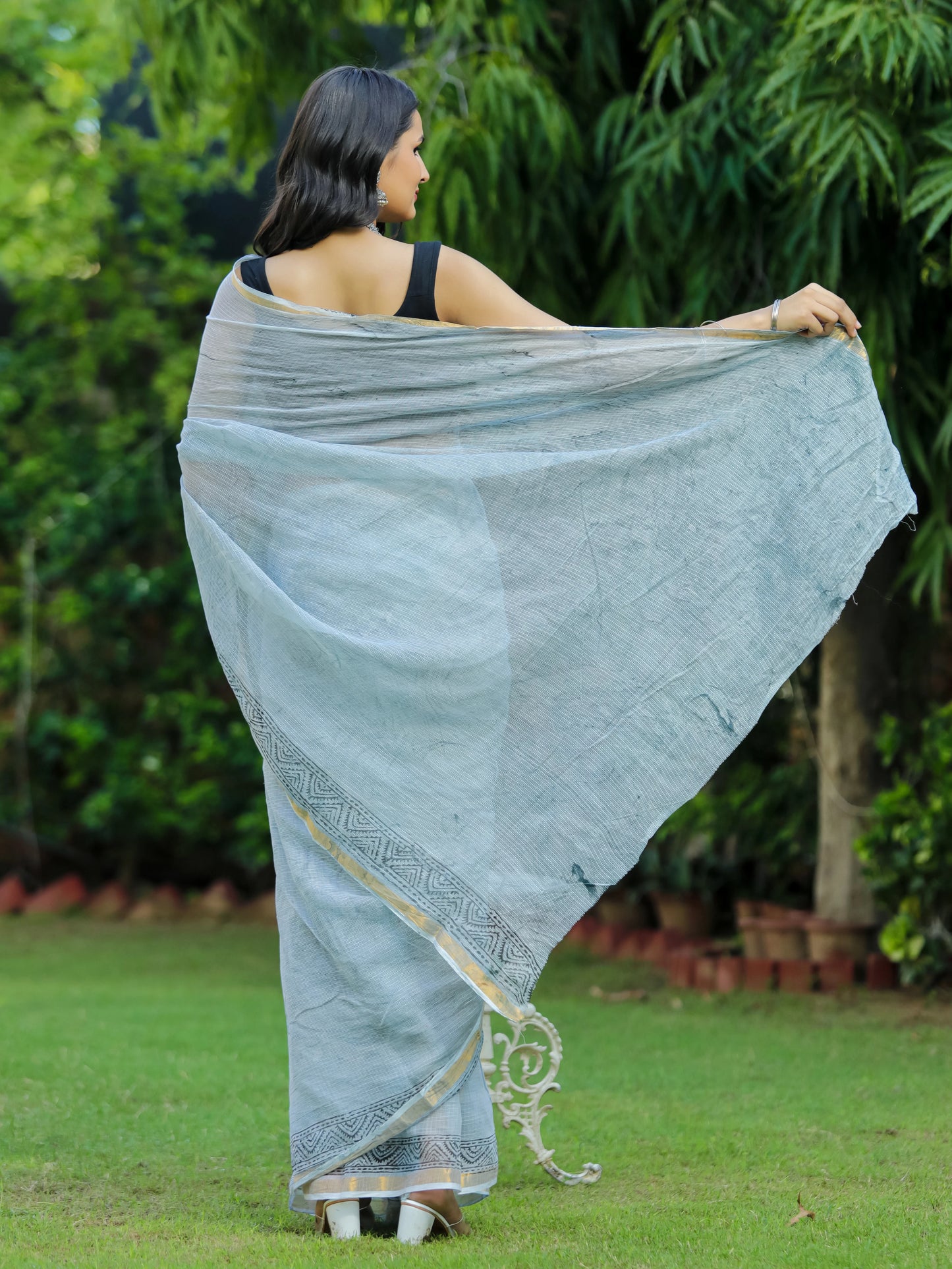 Grey Marble Printed Pure Hand Block printed Kota Doria saree