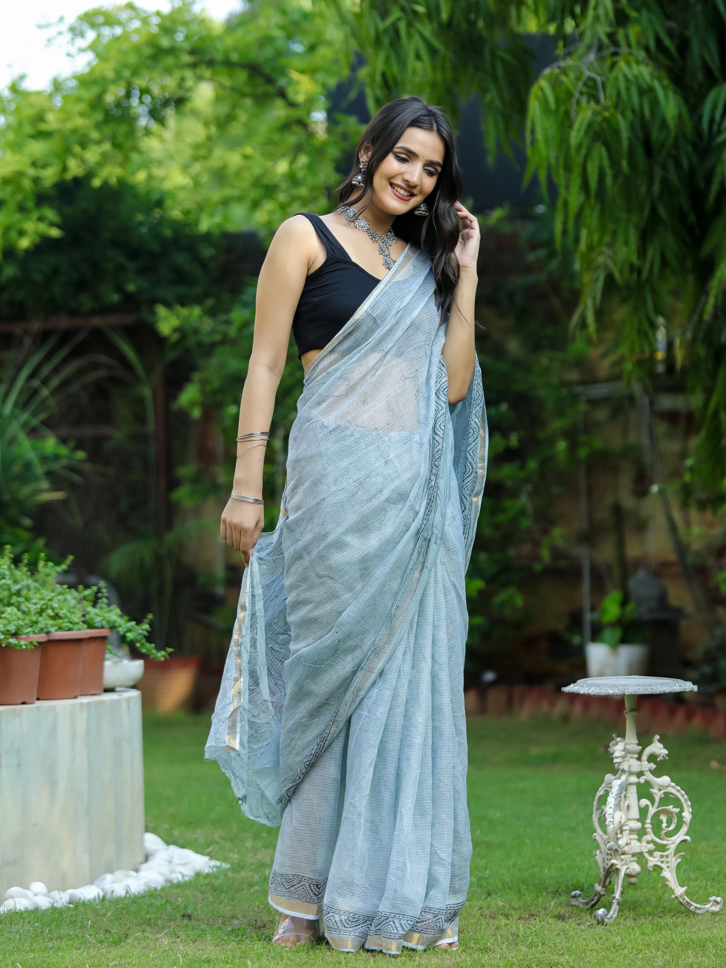 Grey Marble Printed Pure Hand Block printed Kota Doria saree