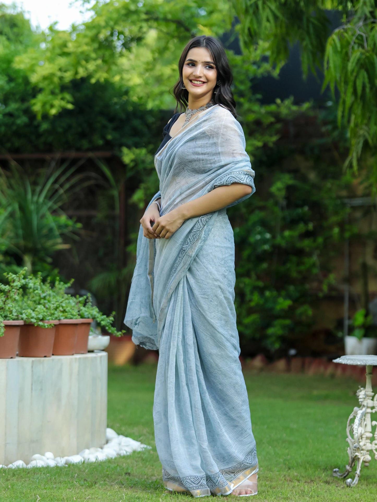 Grey Marble Printed Pure Hand Block printed Kota Doria saree