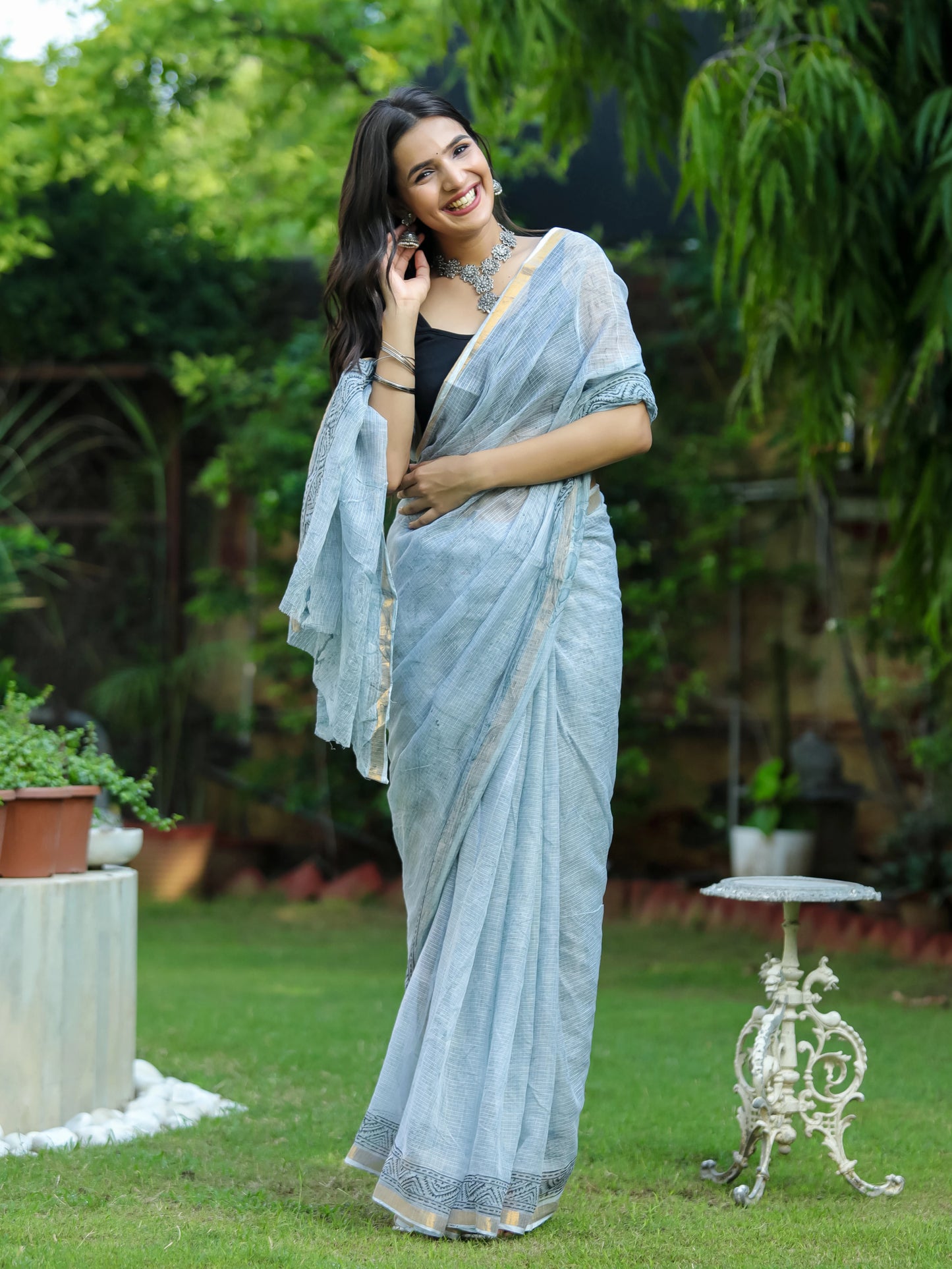 Grey Marble Printed Pure Hand Block printed Kota Doria saree
