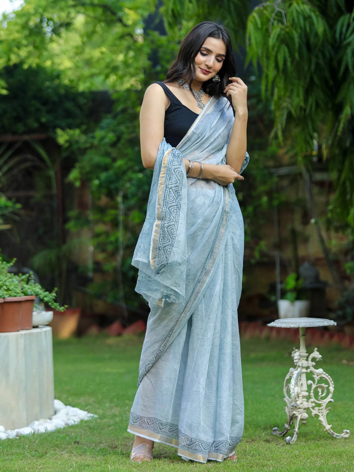 Grey Marble Printed Pure Hand Block printed Kota Doria saree
