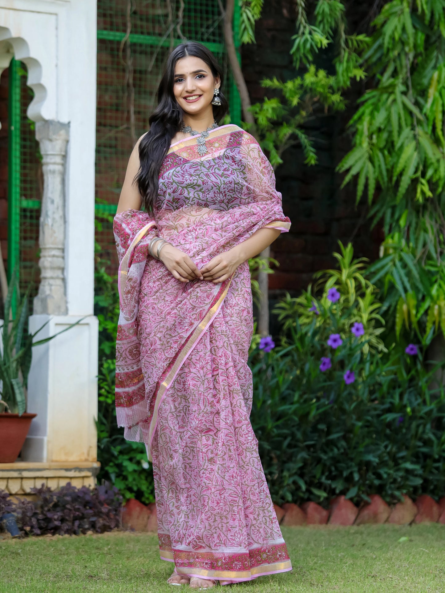 Pink Jaal Hand Block Printed Pure Kota doria saree