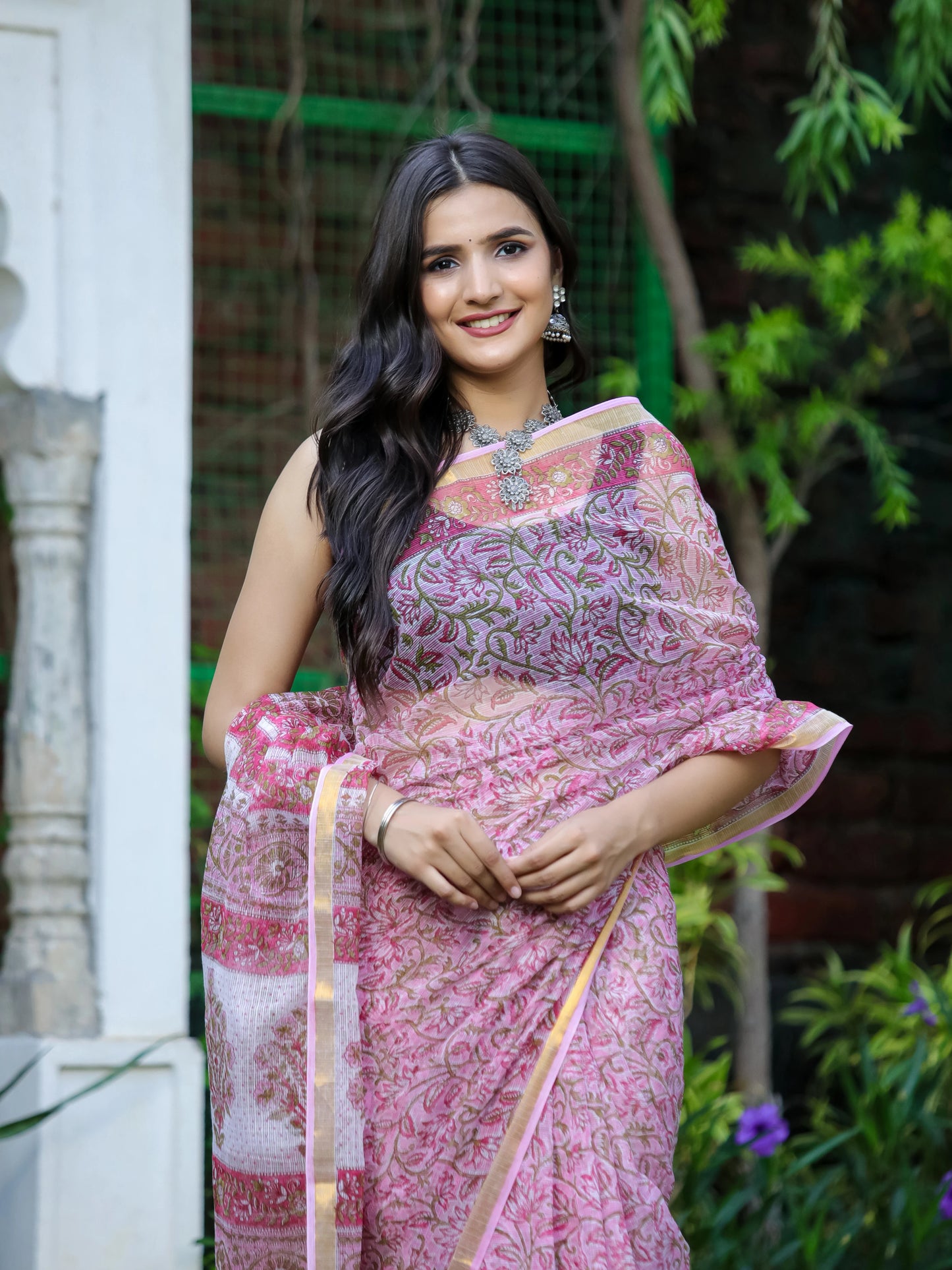 Pink Jaal Hand Block Printed Pure Kota doria saree