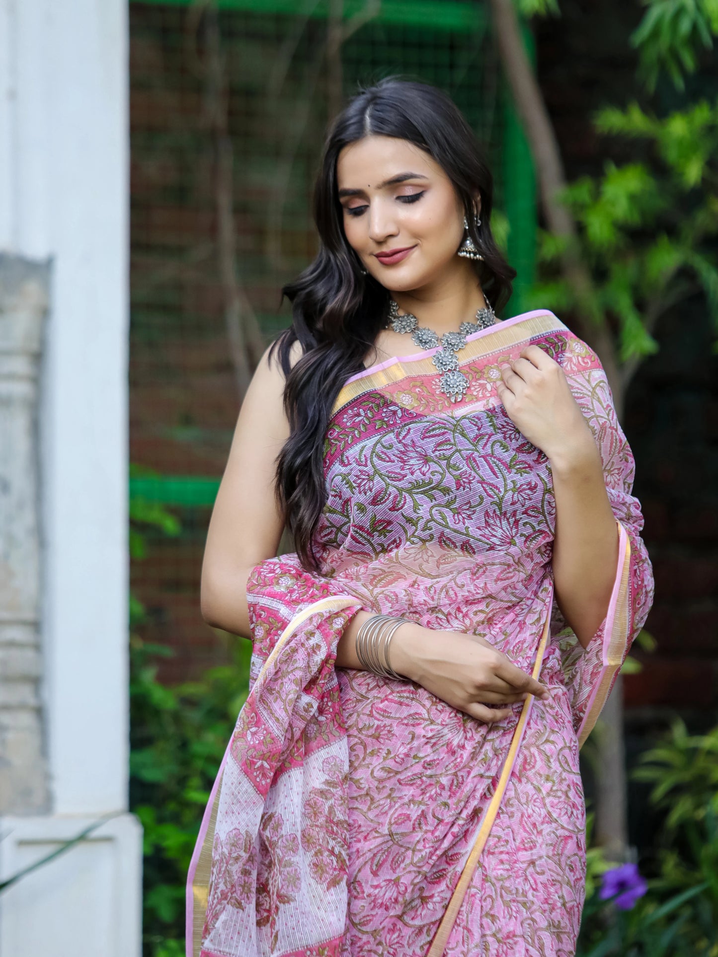 Pink Jaal Hand Block Printed Pure Kota doria saree