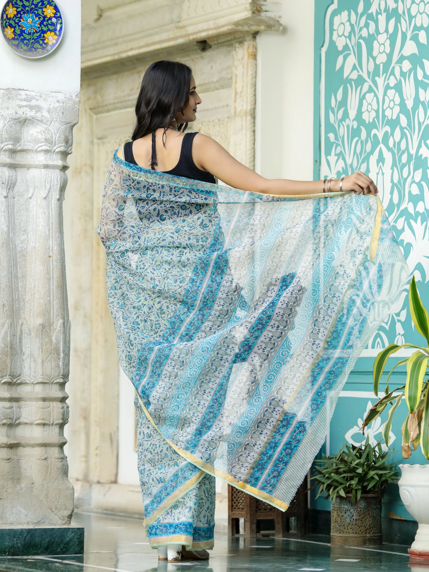 Pista Green Jaal Pure Hand Block printed Kota Doria saree