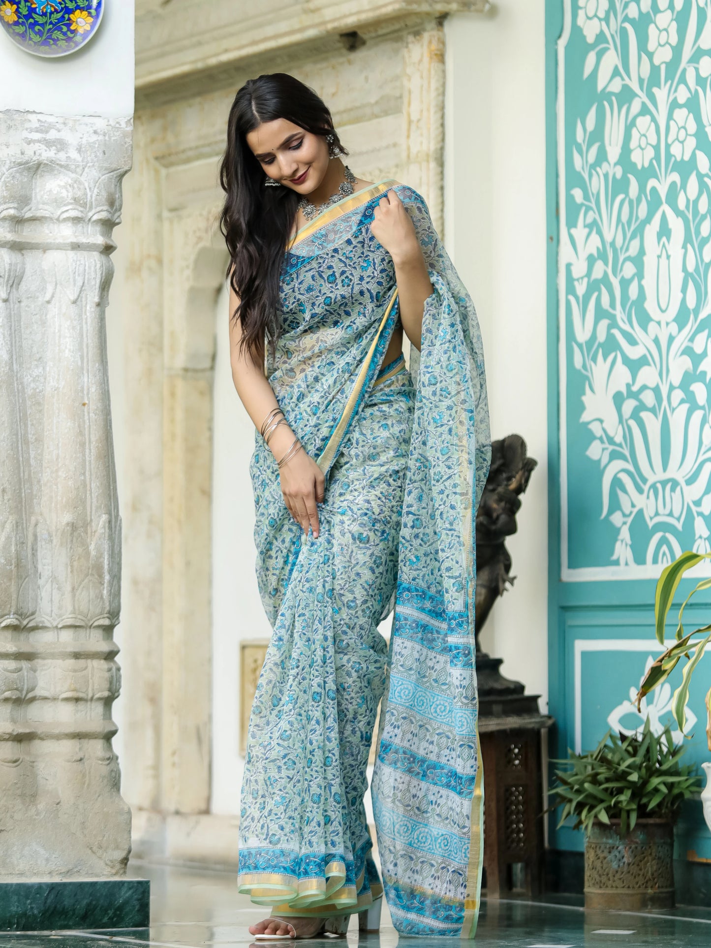 Pista Green Jaal Pure Hand Block printed Kota Doria saree