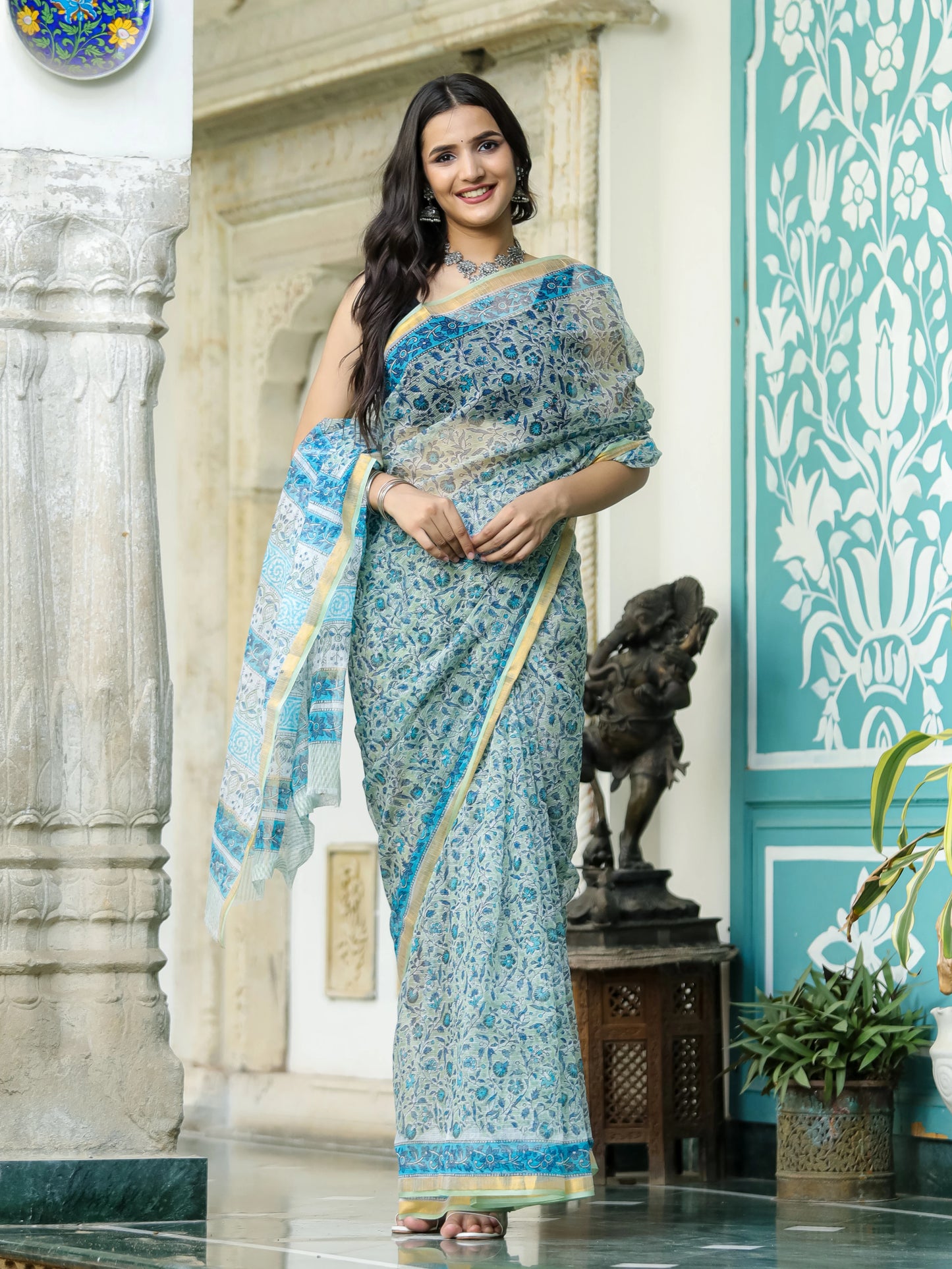 Pista Green Jaal Pure Hand Block printed Kota Doria saree