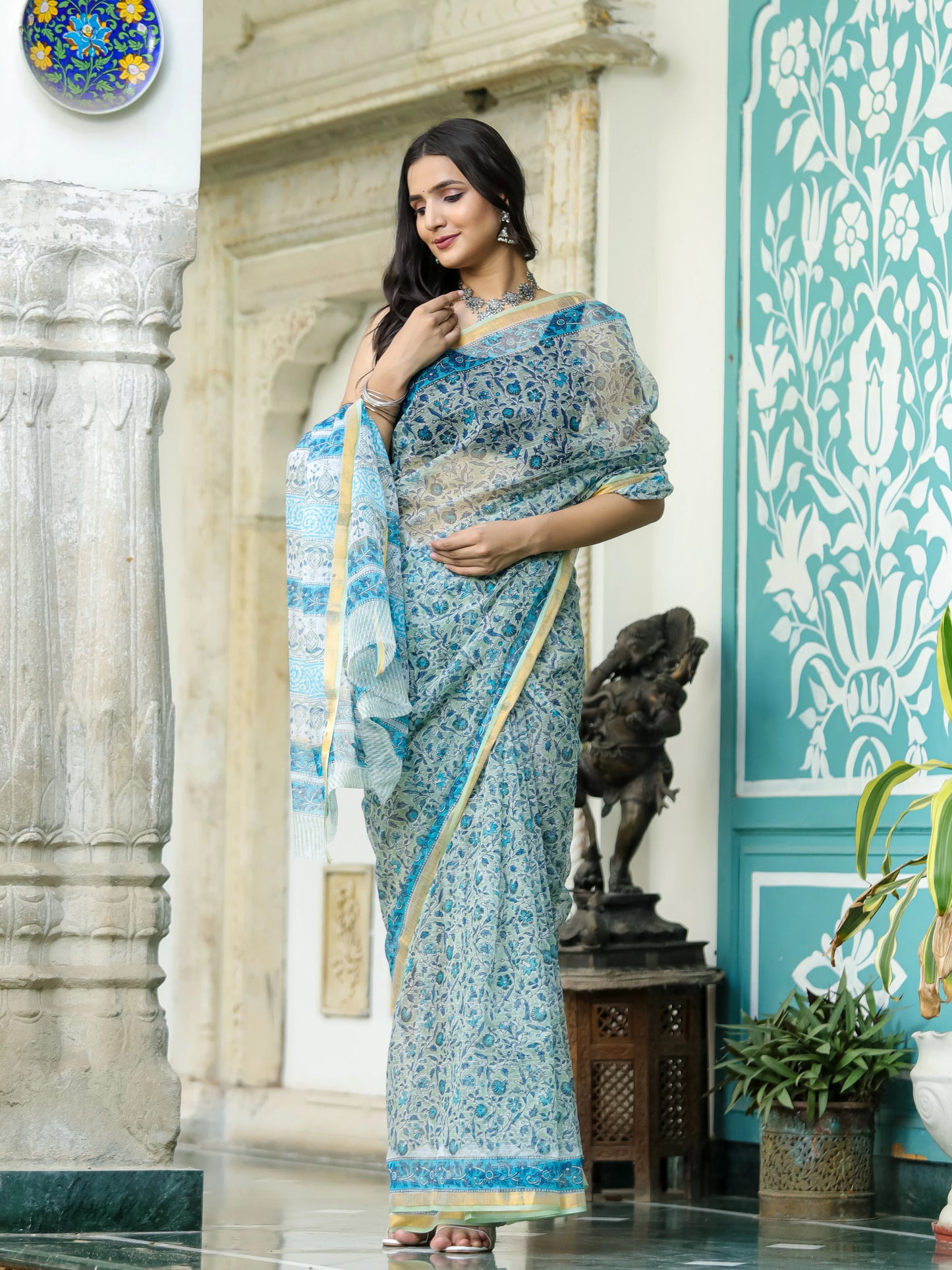 Pista Green Jaal Pure Hand Block printed Kota Doria saree