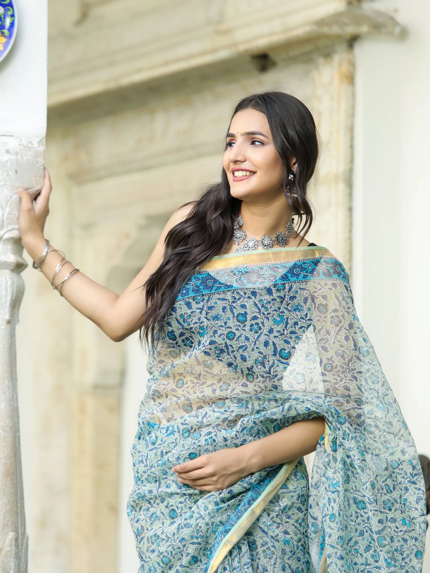 Pista Green Jaal Pure Hand Block printed Kota Doria saree