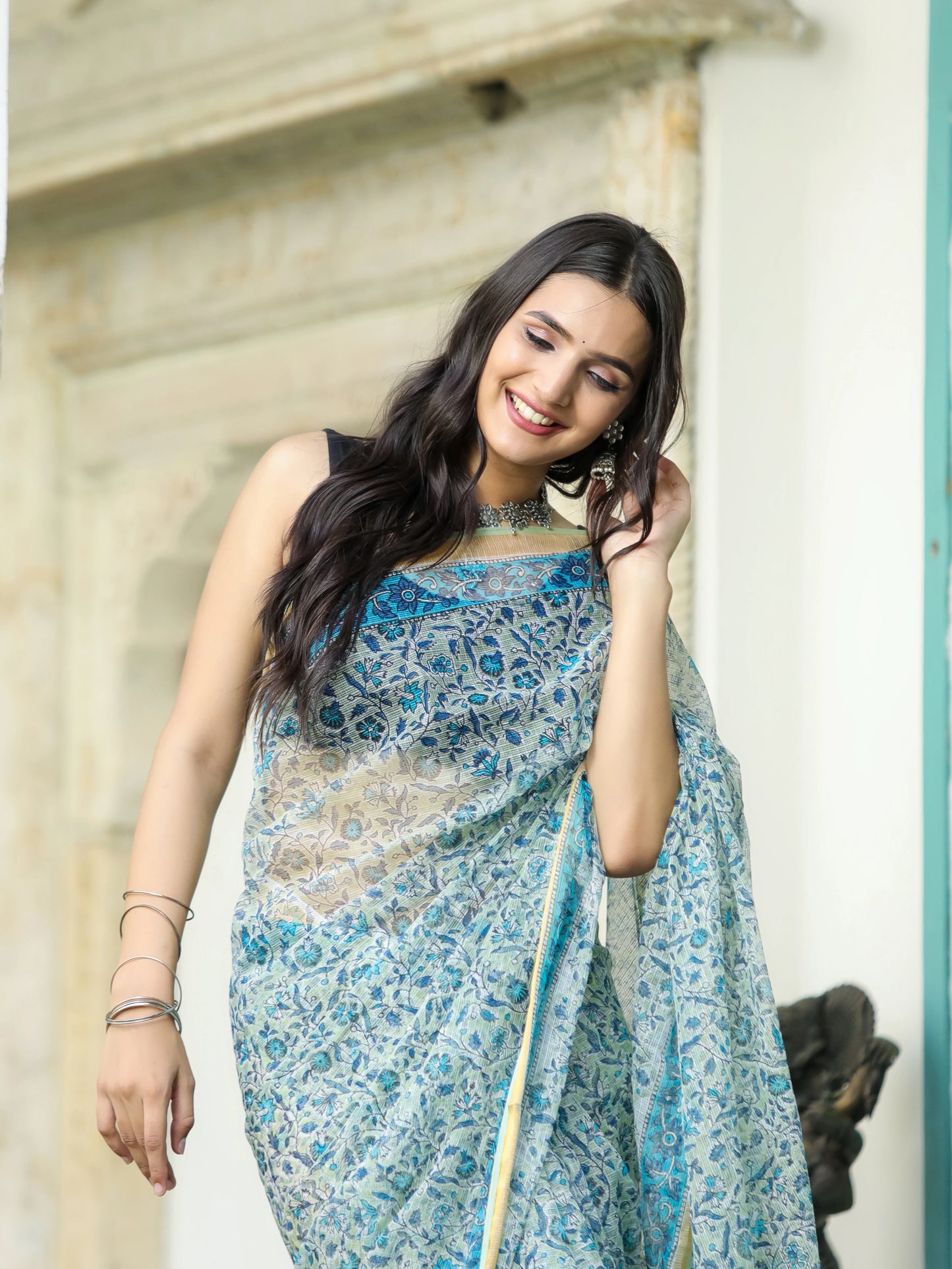 Pista Green Jaal Pure Hand Block printed Kota Doria saree