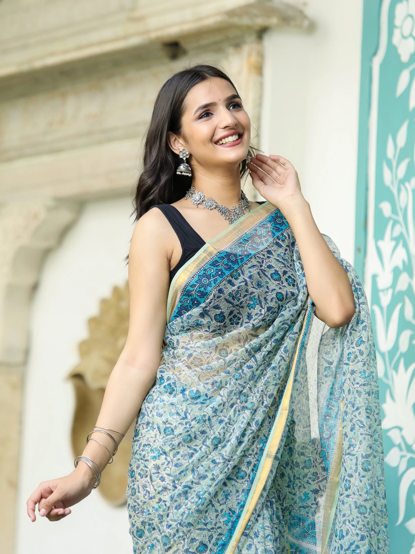 Pista Green Jaal Pure Hand Block printed Kota Doria saree
