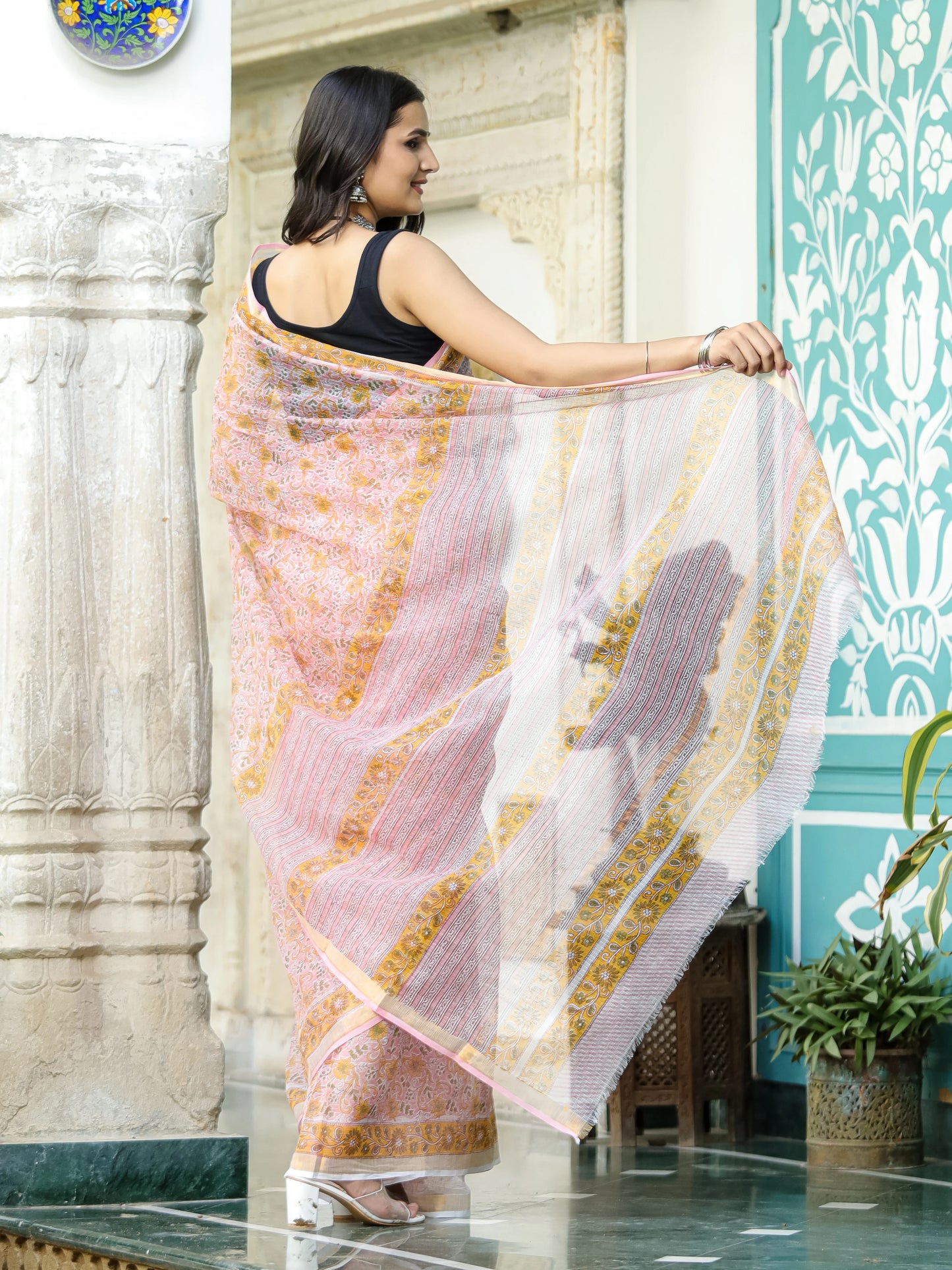 Pink Floral Jaal pure hand block print kota doria saree