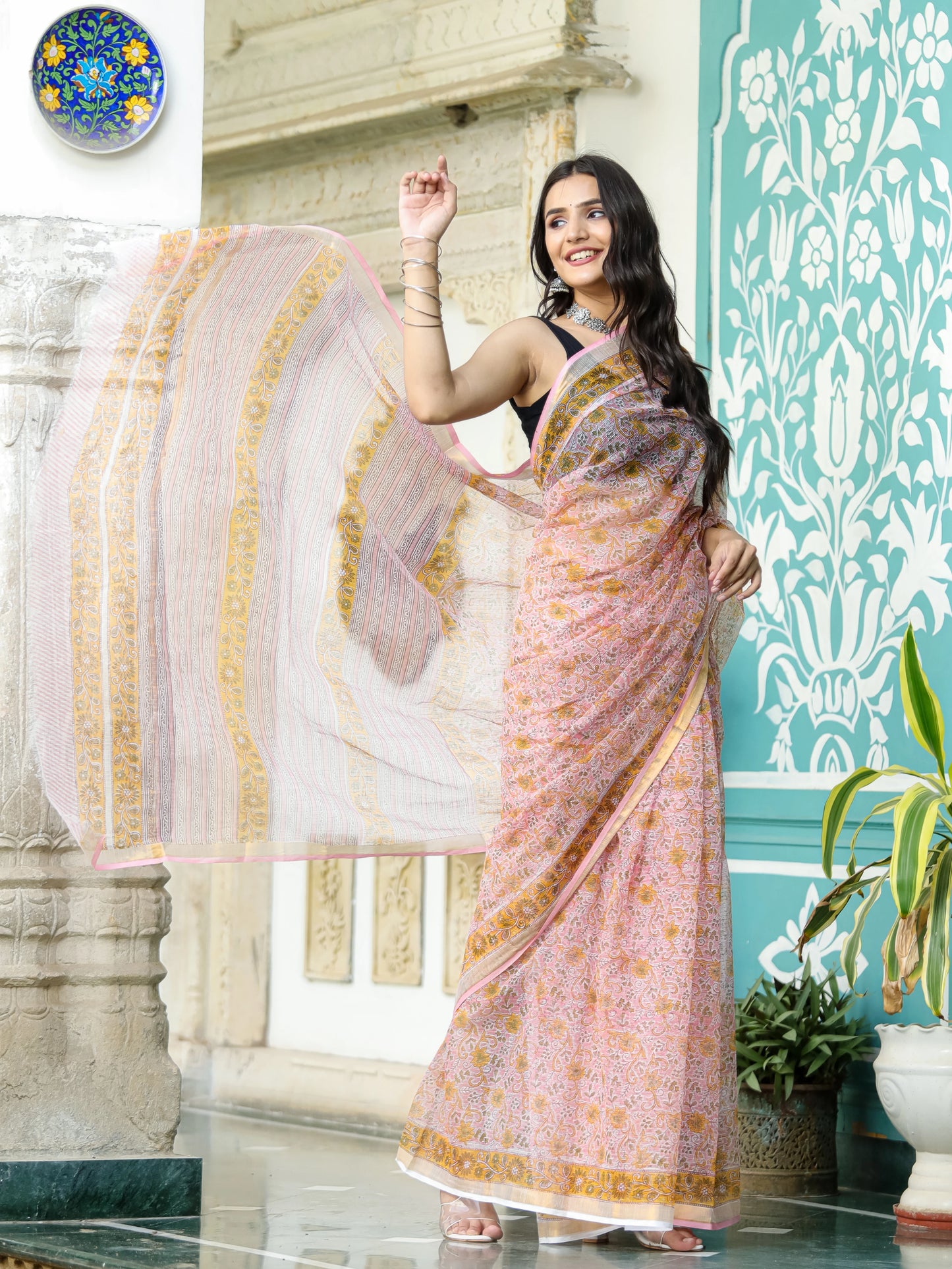 Pink Floral Jaal pure hand block print kota doria saree