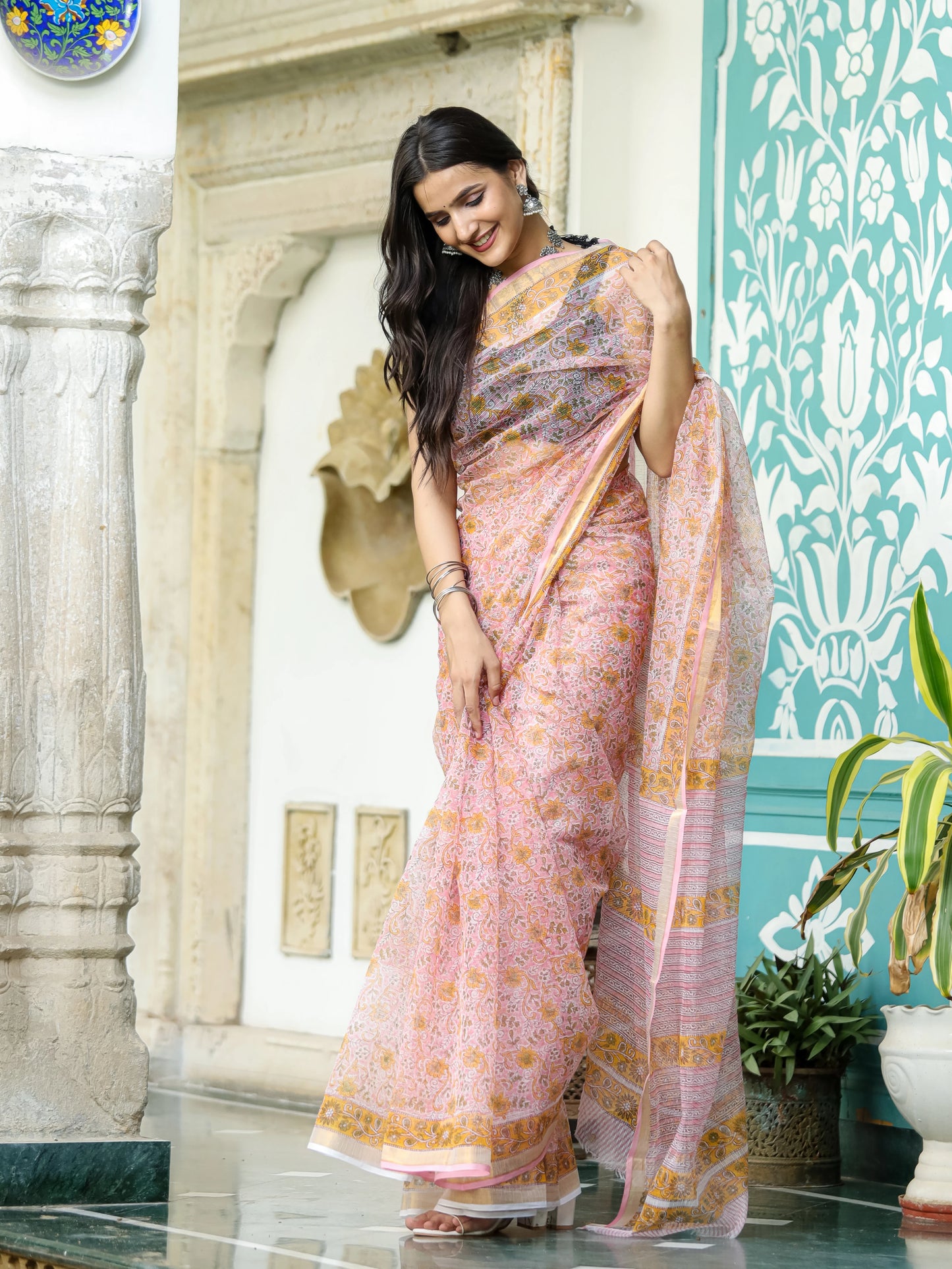 Pink Floral Jaal pure hand block print kota doria saree