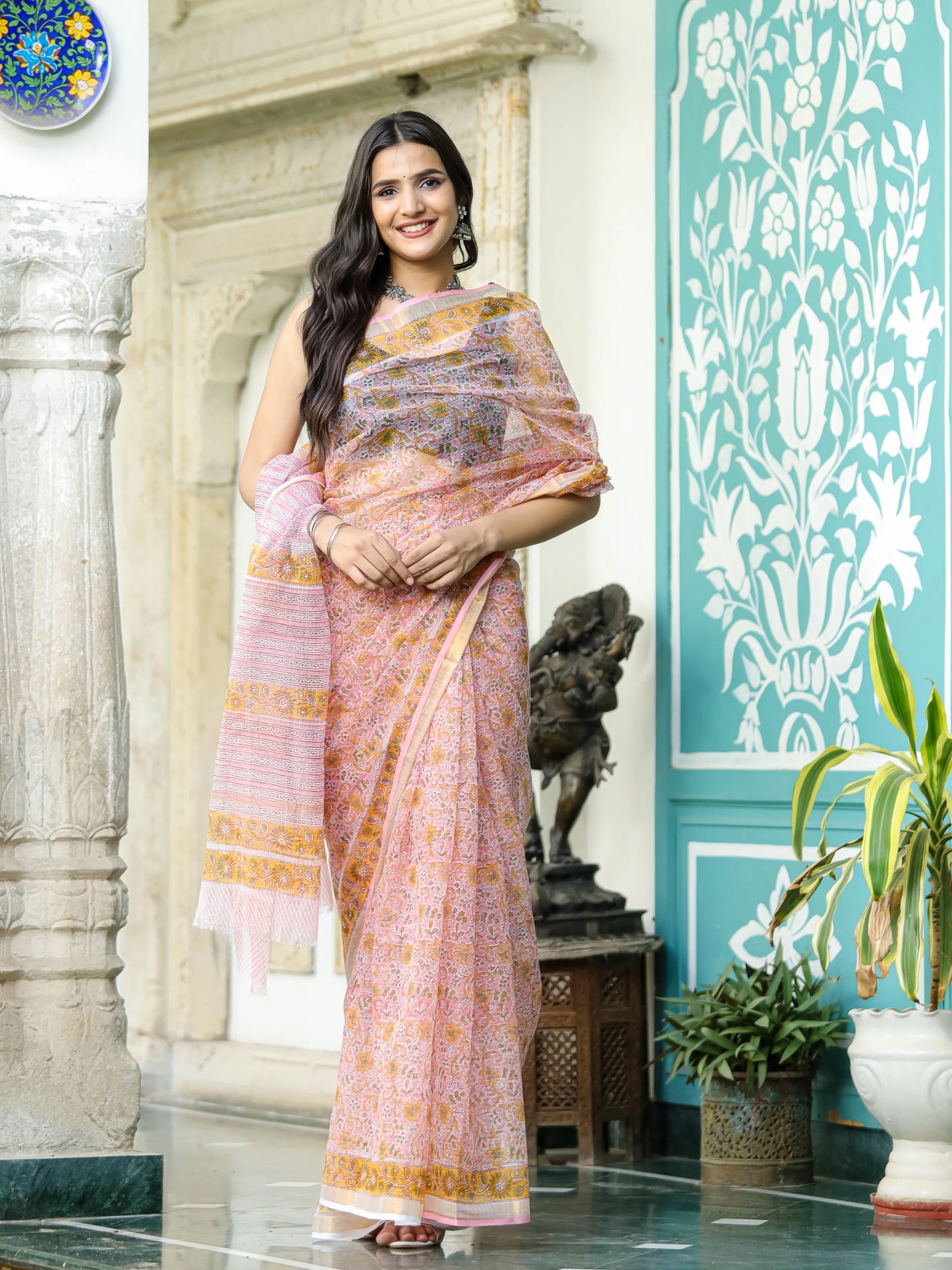Pink Floral Jaal pure hand block print kota doria saree
