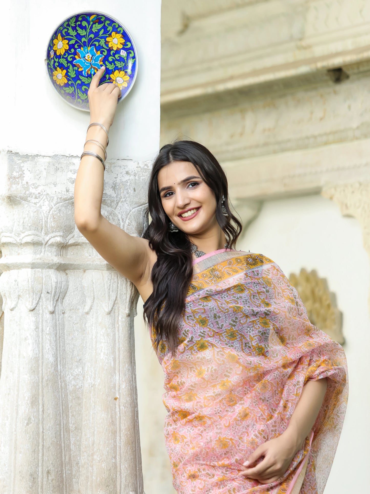 Pink Floral Jaal pure hand block print kota doria saree