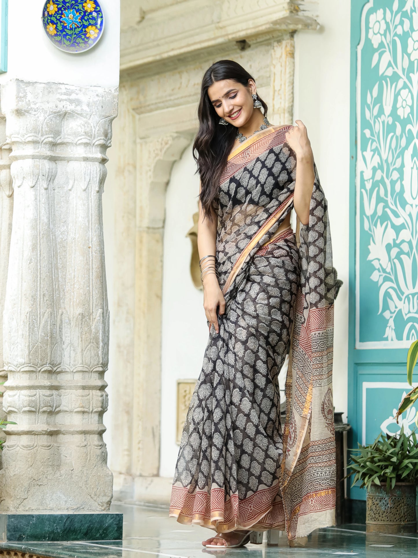 Bagru Printed Black Premium Kota Doria Saree