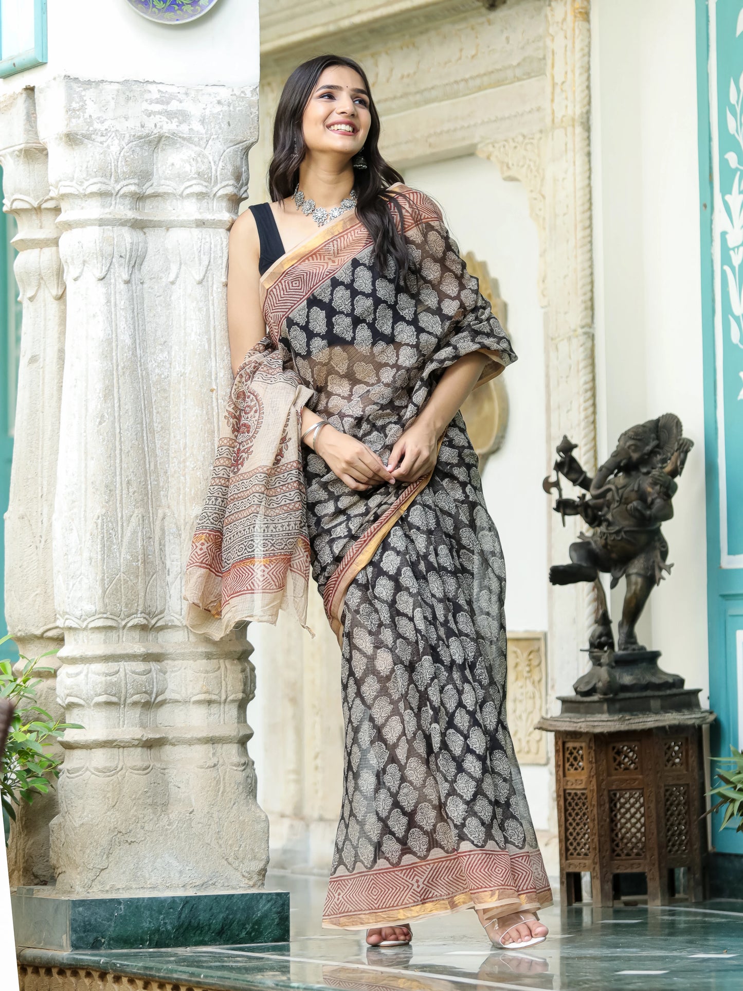 Bagru Printed Black Premium Kota Doria Saree