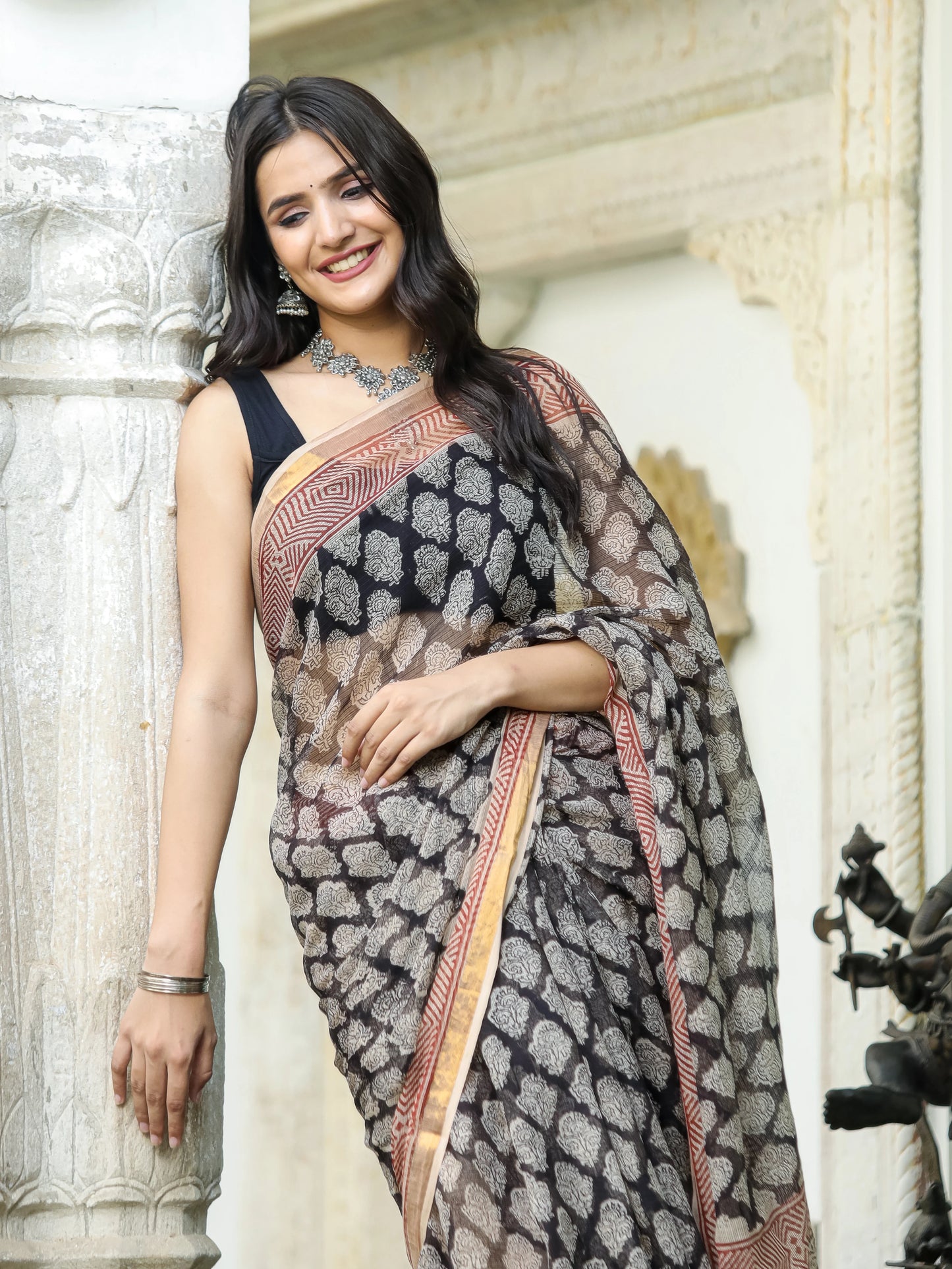 Bagru Printed Black Premium Kota Doria Saree