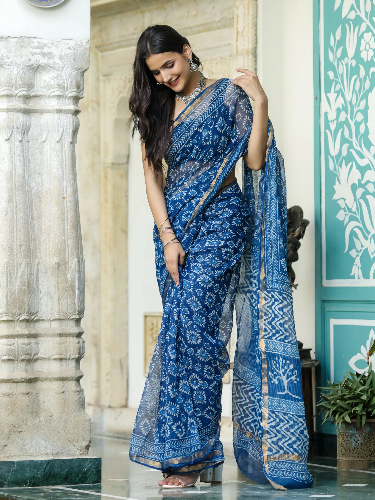 Indigo Geometric Figure Block Printed Pure Kota Doria Saree