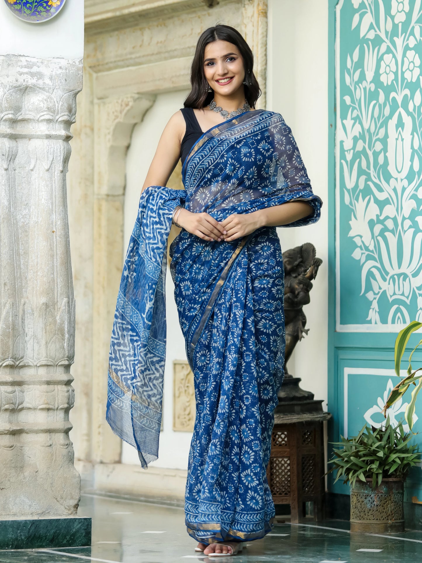Indigo Geometric Figure Block Printed Pure Kota Doria Saree