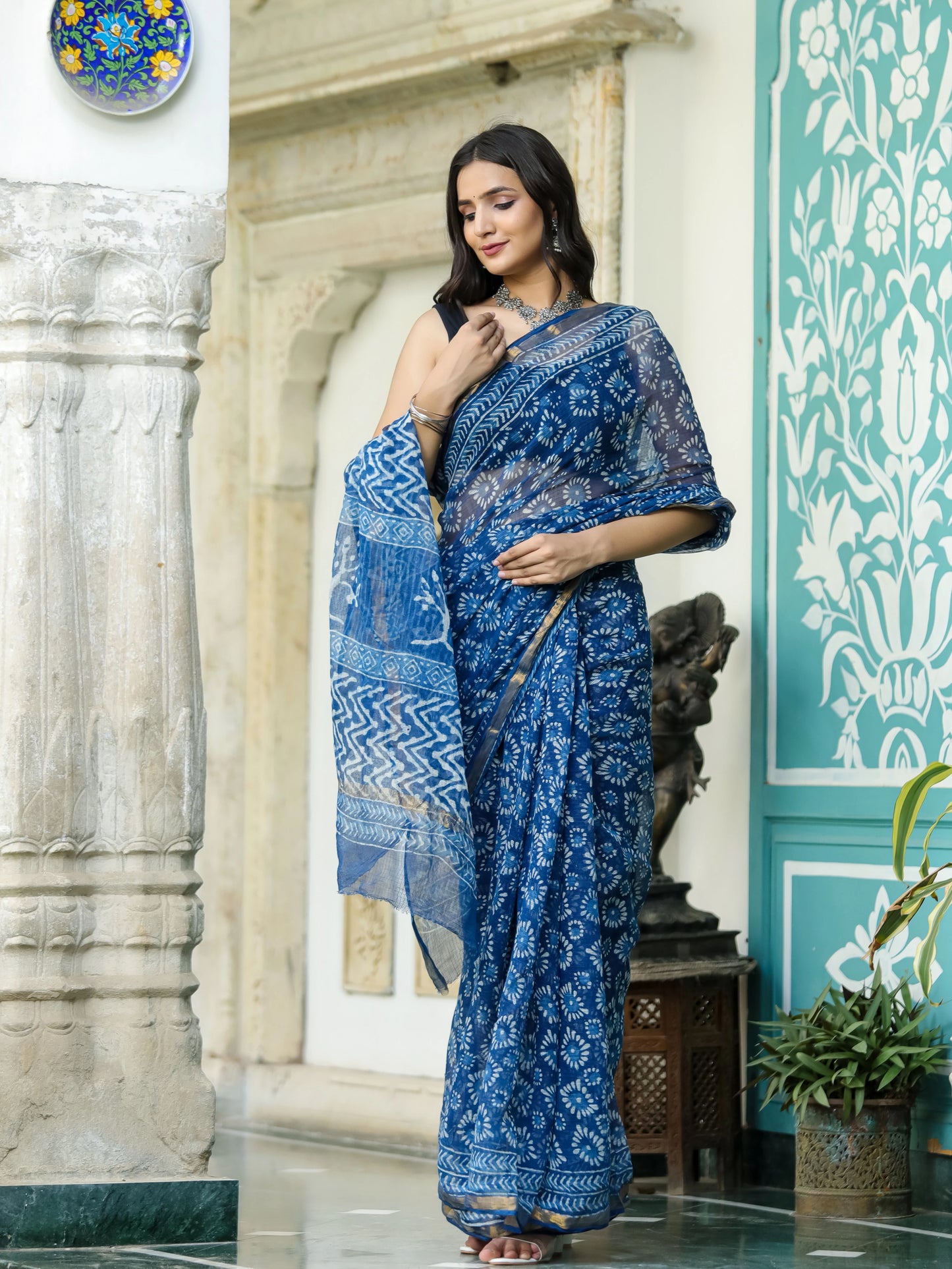 Indigo Geometric Figure Block Printed Pure Kota Doria Saree