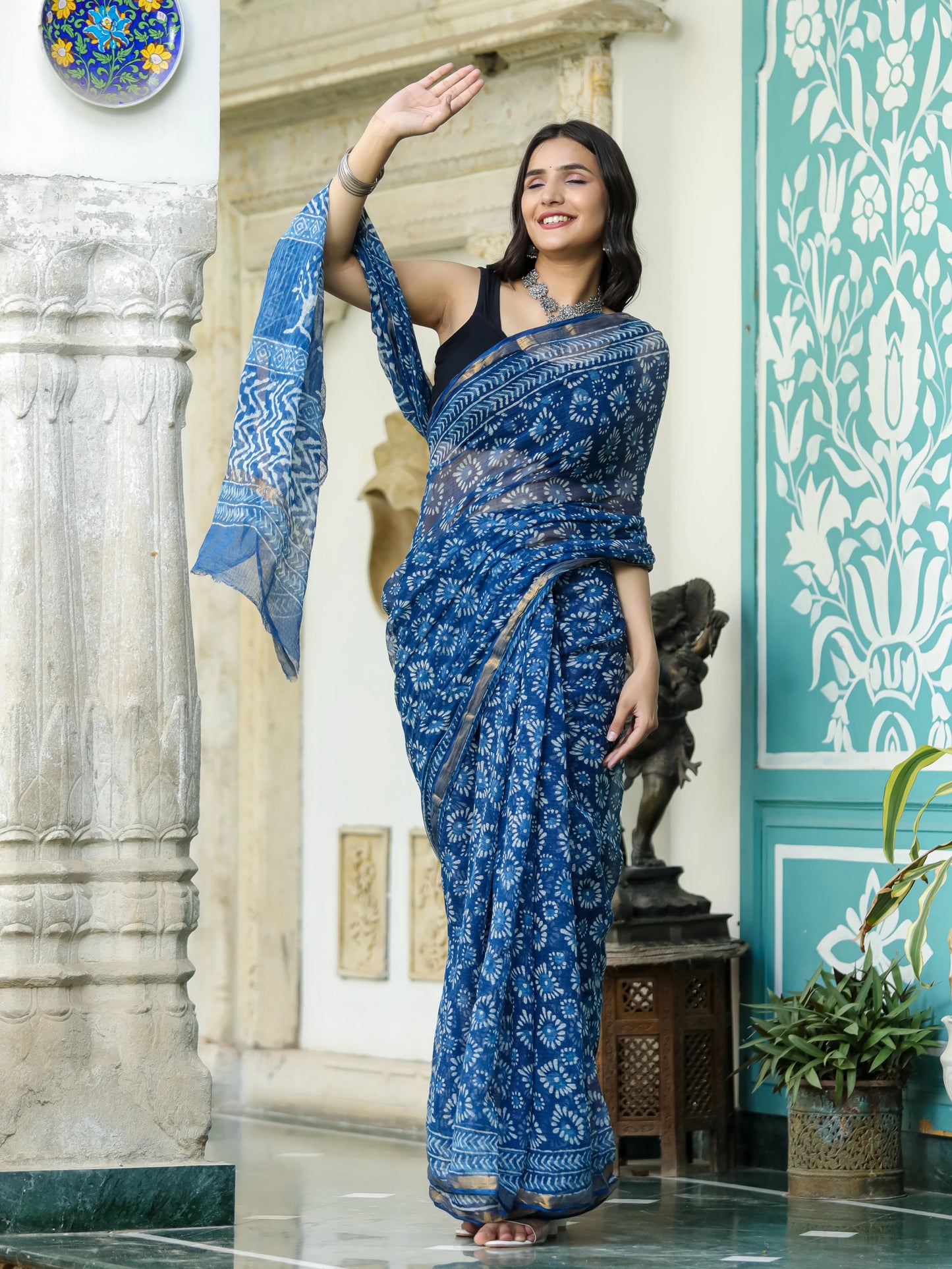 Indigo Geometric Figure Block Printed Pure Kota Doria Saree
