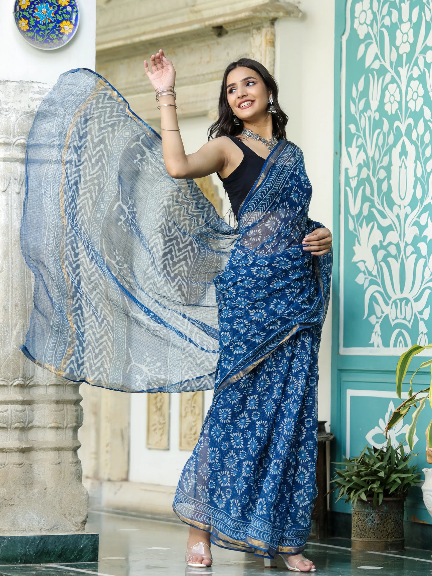 Indigo Geometric Figure Block Printed Pure Kota Doria Saree