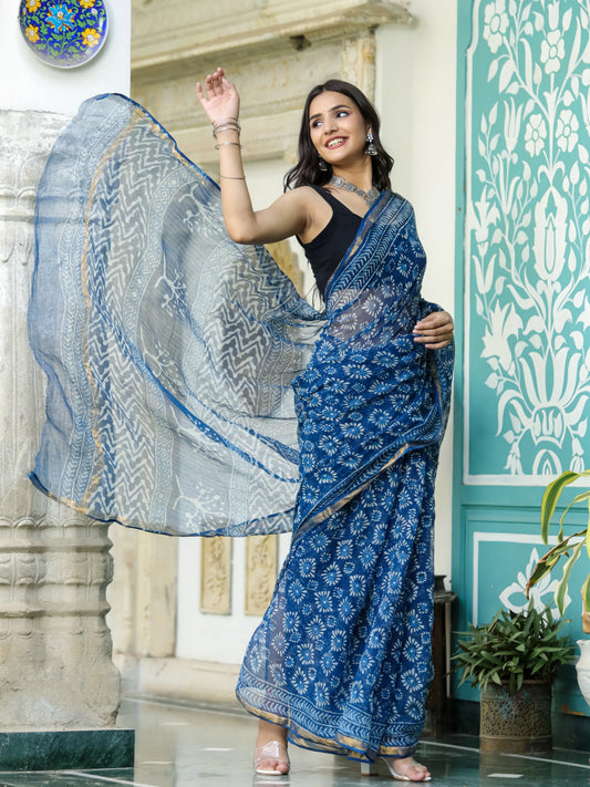 Indigo Geometric Figure Block Printed Pure Kota Doria Saree