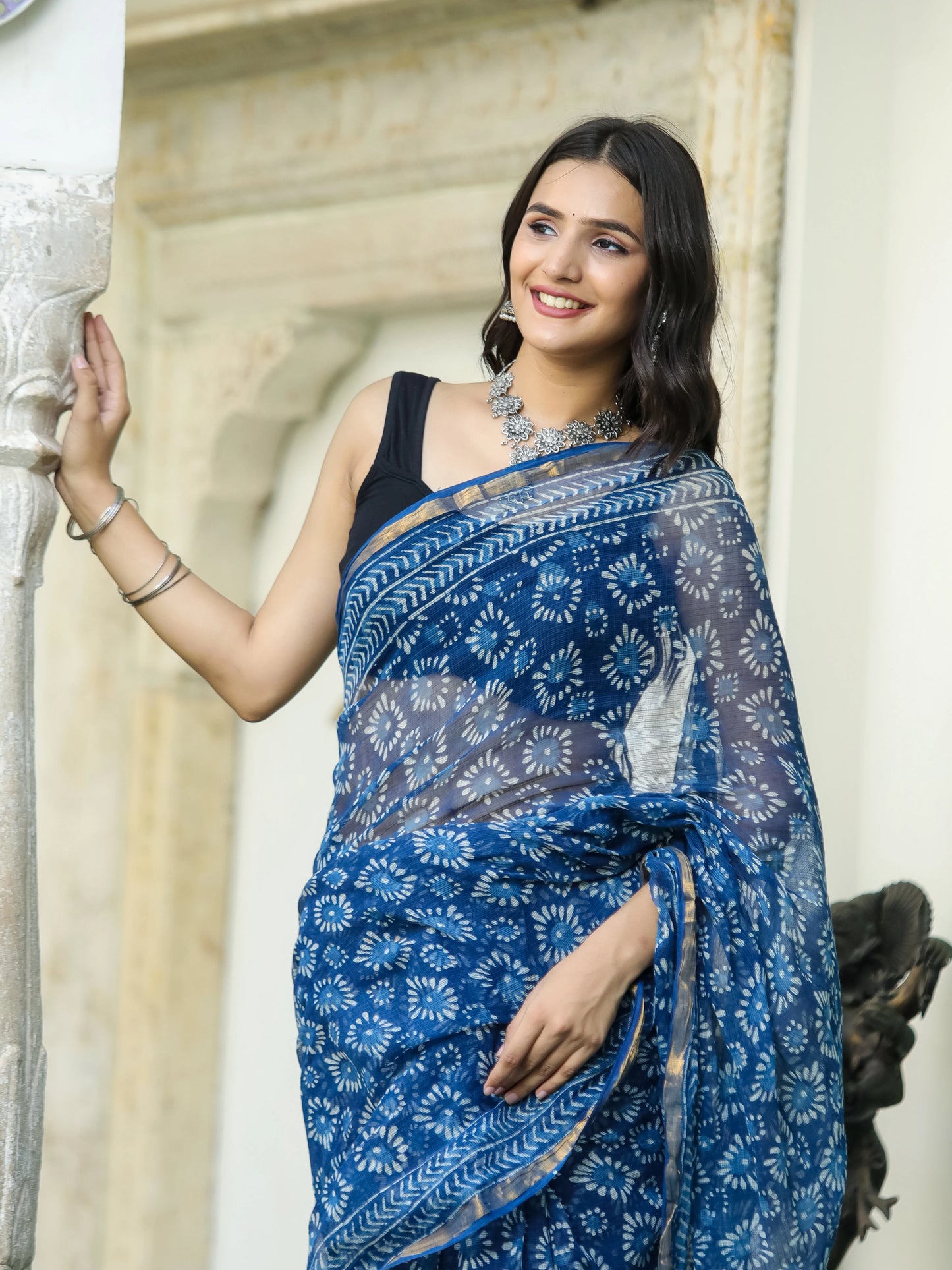 Indigo Geometric Figure Block Printed Pure Kota Doria Saree