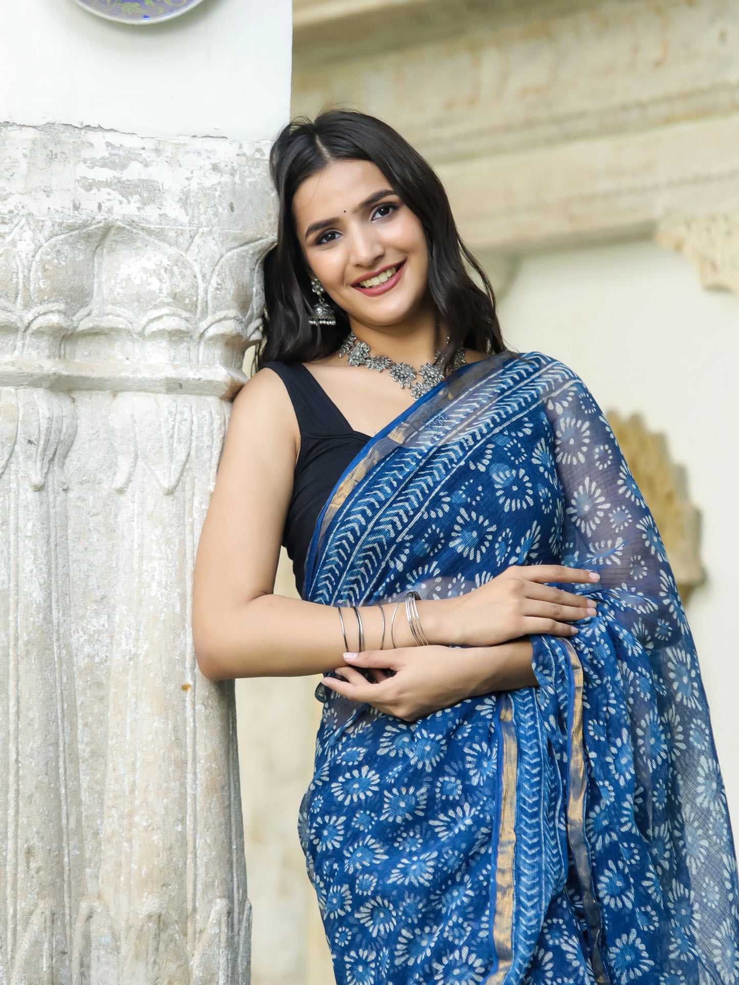 Indigo Geometric Figure Block Printed Pure Kota Doria Saree
