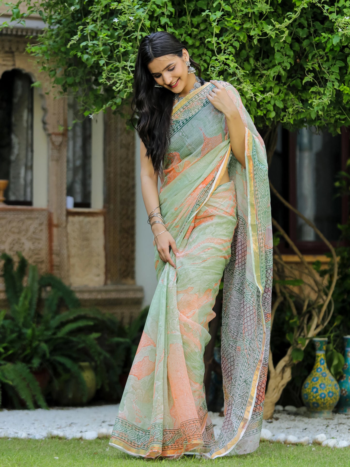 Green Marble Painted Hand Block printed Kota Doria saree